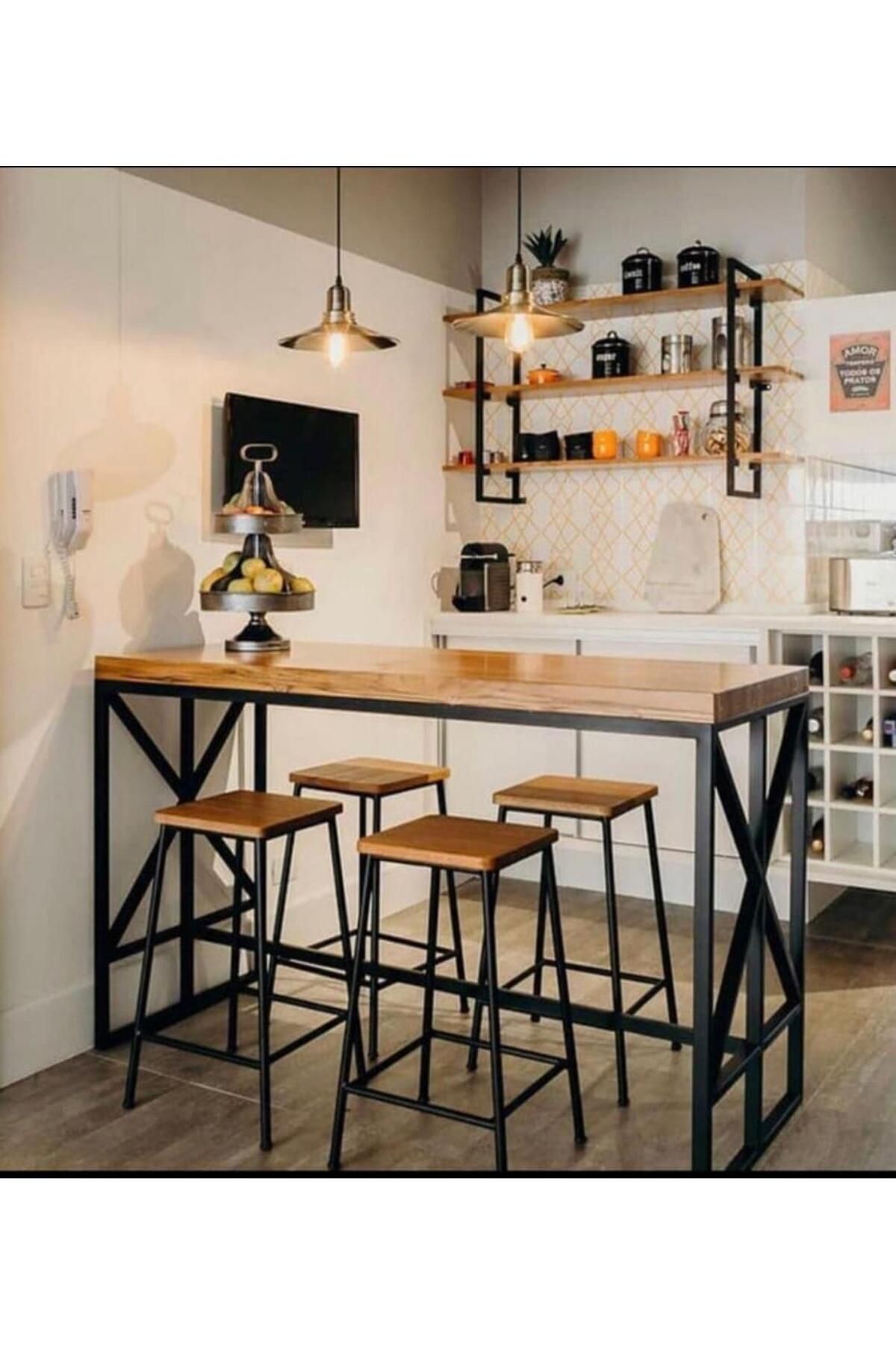 Cansel Ahşap Kütük Bar masası ve 4 taburesi