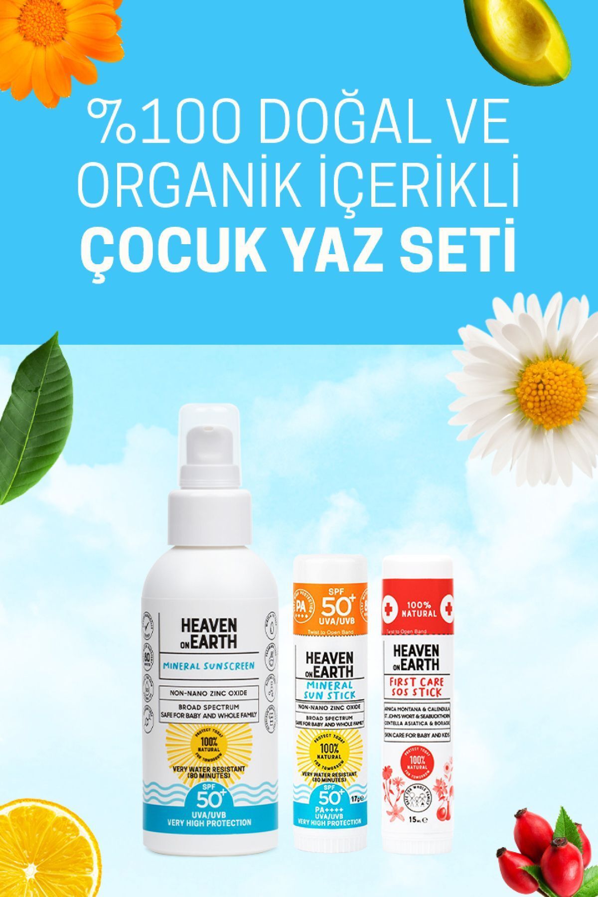 Heaven on Earth %100 Doğal Organik Çocuk Yaz Seti, Mineral güneş kremi 50+ SPF, SOS Stick, Mineral Güneş Stick