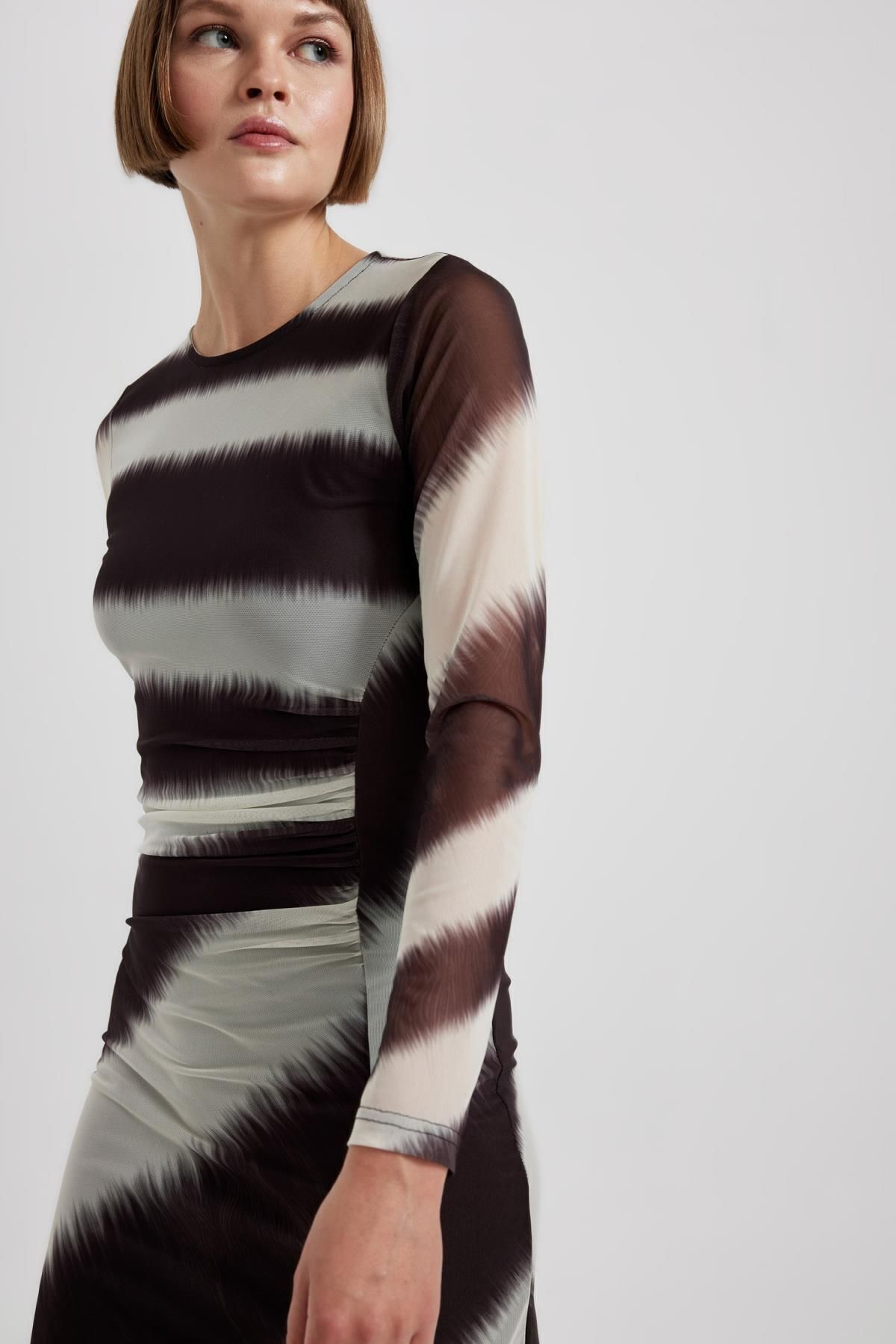 Bodycon Degrade Bisiklet Yaka Tül Uzun Kollu Midi Elbise B4168ax23au