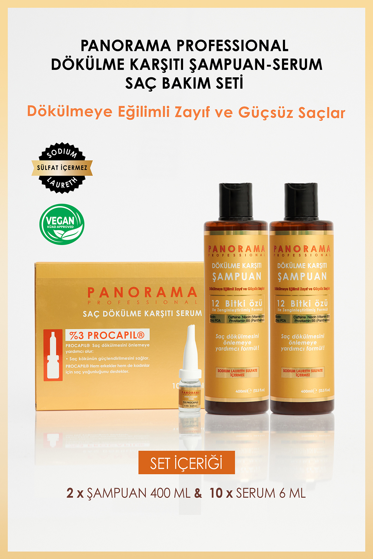 PANORAMA PROFESSIONAL Professional Dökülme Karşıtı 3'lü Set 2*400 ml Şampuan Ve 6*10 ml Ampul Serum /vegan / Sulfatsız — DK015