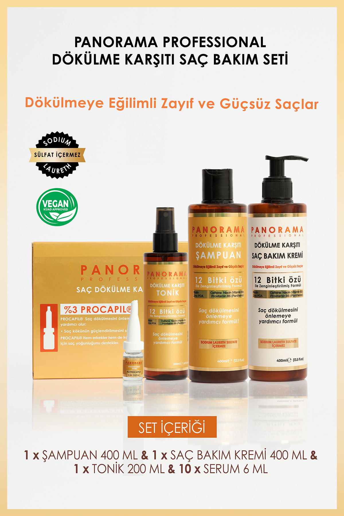 Professional Dökülme Karşıtı 3'lü Set 2*400 ml Şampuan Ve 6*10 ml Ampul Serum /vegan / Sulfatsız — DK015 — تصویر 9 از 9