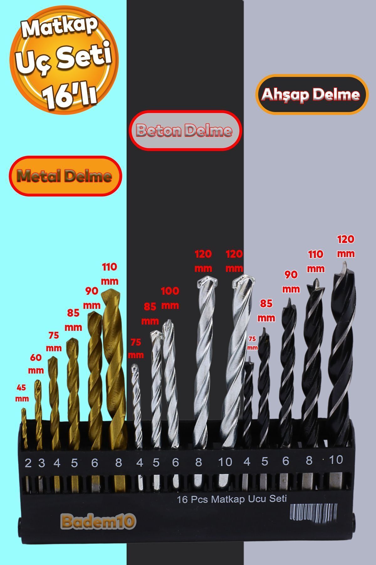 Badem10 Matkap Ucu Set 16'lı Paket Beton Duvar Ahşap Metal Çelik Delme Değişik Uzunluk Çap Uç Seti