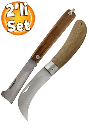 Badem10 Eğri Uçlu Aşı Bıçağı Bağ Bıçağı Çakısı + Düz Uçlu Açı Bıçak + (2'li Set)