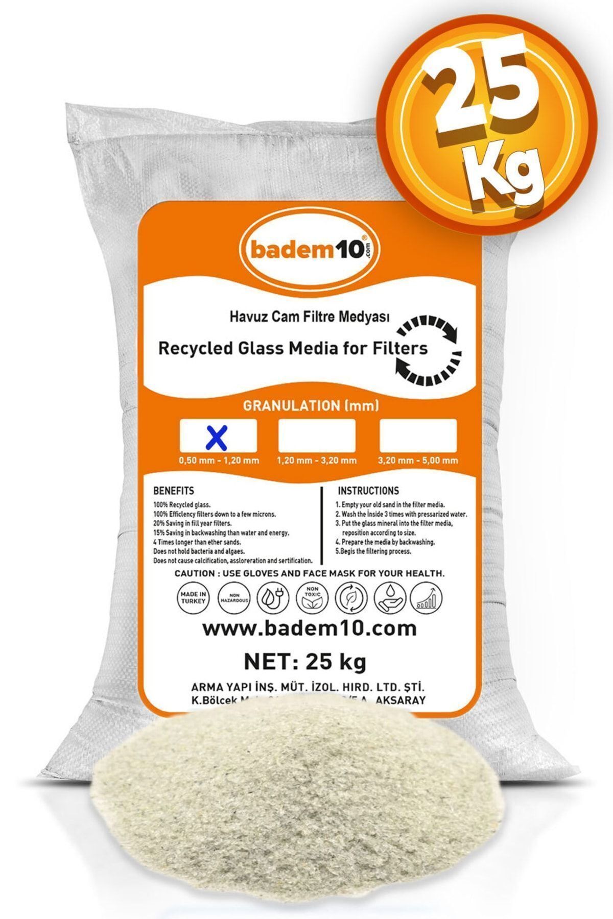 Badem10 25 Kg Cam Filtre Medyası (0.50-1.20 MM) Havuz Filitre Temizleme Su Arıtma Filtrasyon Filtreleme Kumu