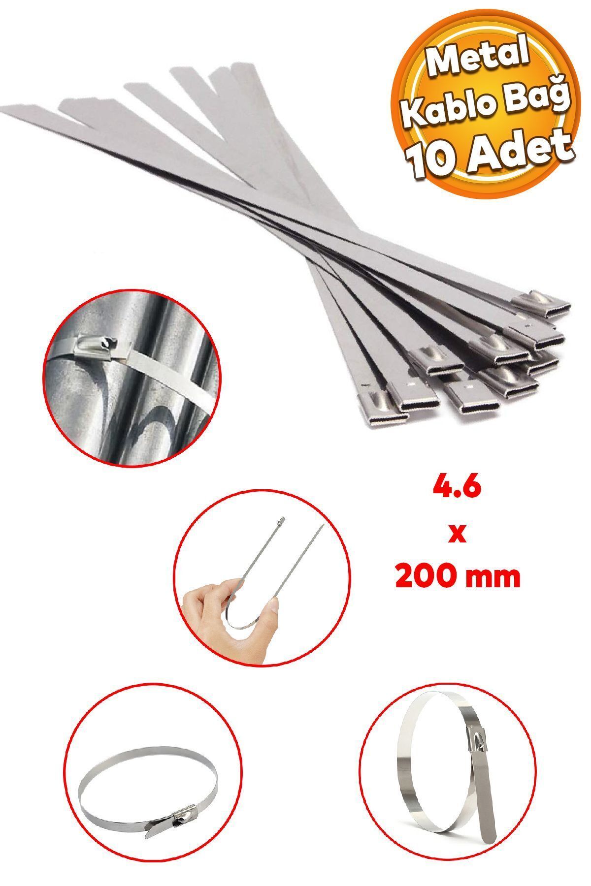 Badem10 (10 ADET) Metal Cırt Kelepçe 4.6x200 Paslanmaz Çelik Kablo Zip Bağı Çok Amaçlı Metal Bağlama