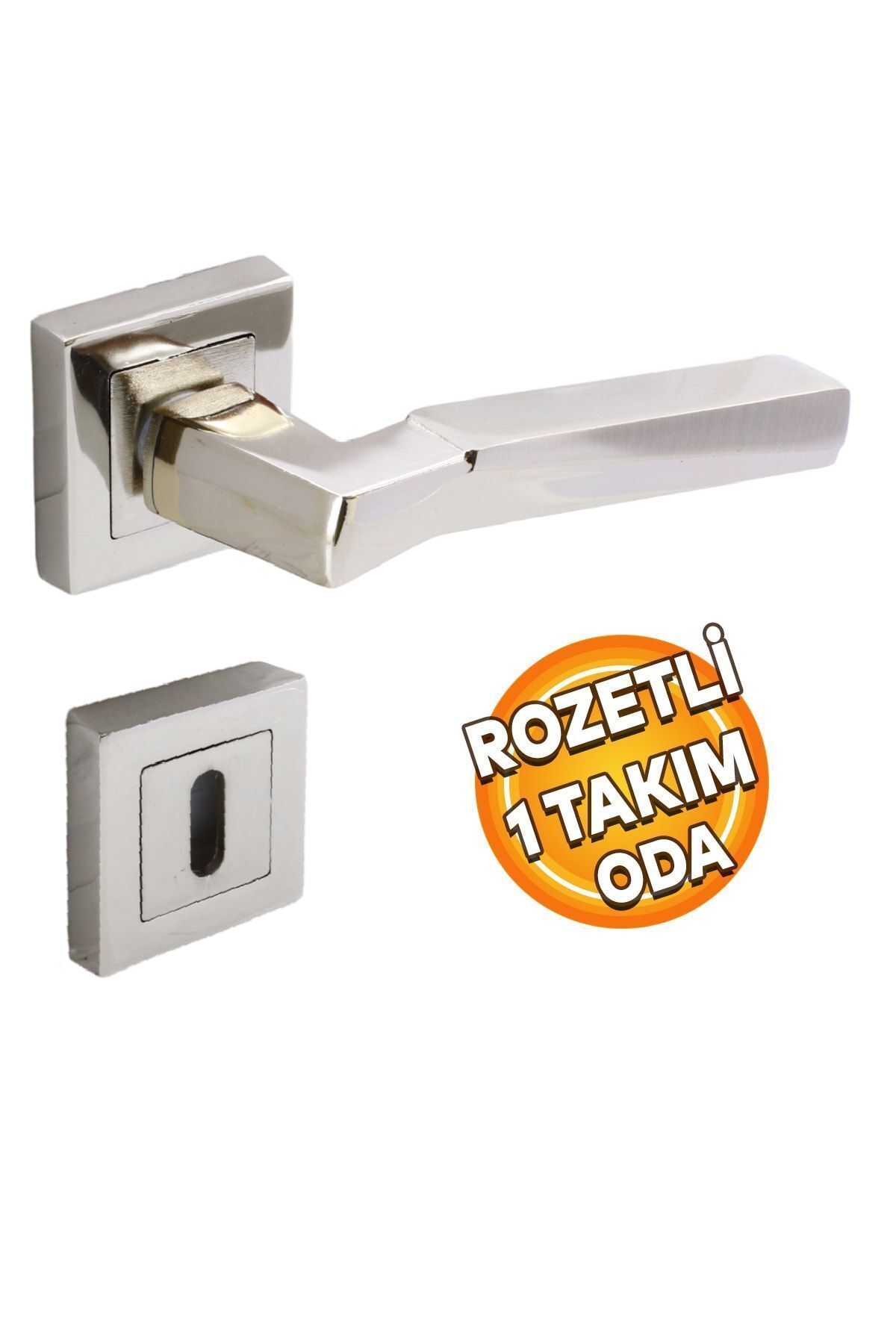 Badem10-Meridyen (1 Set) Square Rosette Room Door Handle Suitable for Right and Left Nickel Inox 1