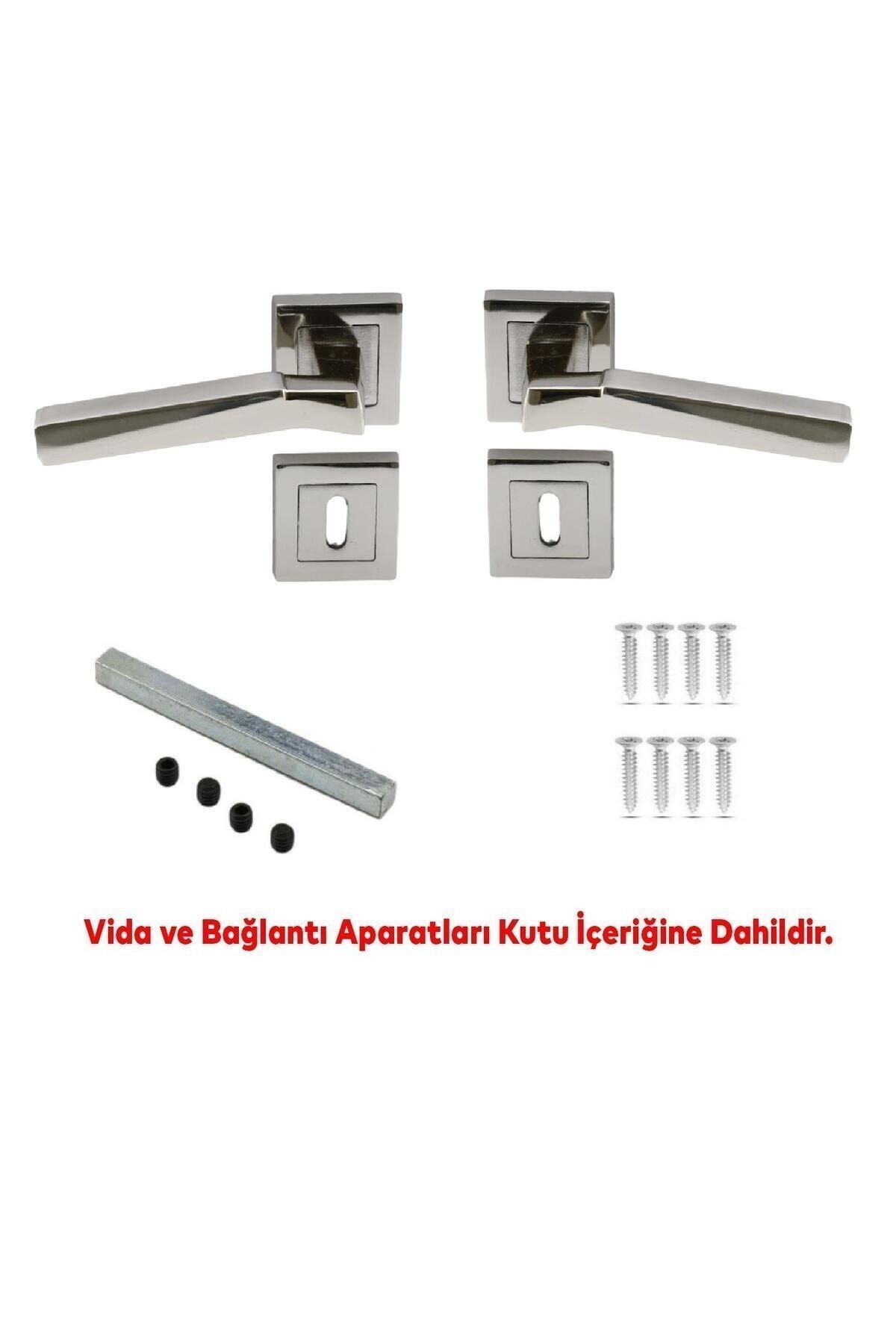 Badem10-Meridyen (1 Set) Square Rosette Room Door Handle Suitable for Right and Left Nickel Inox 3