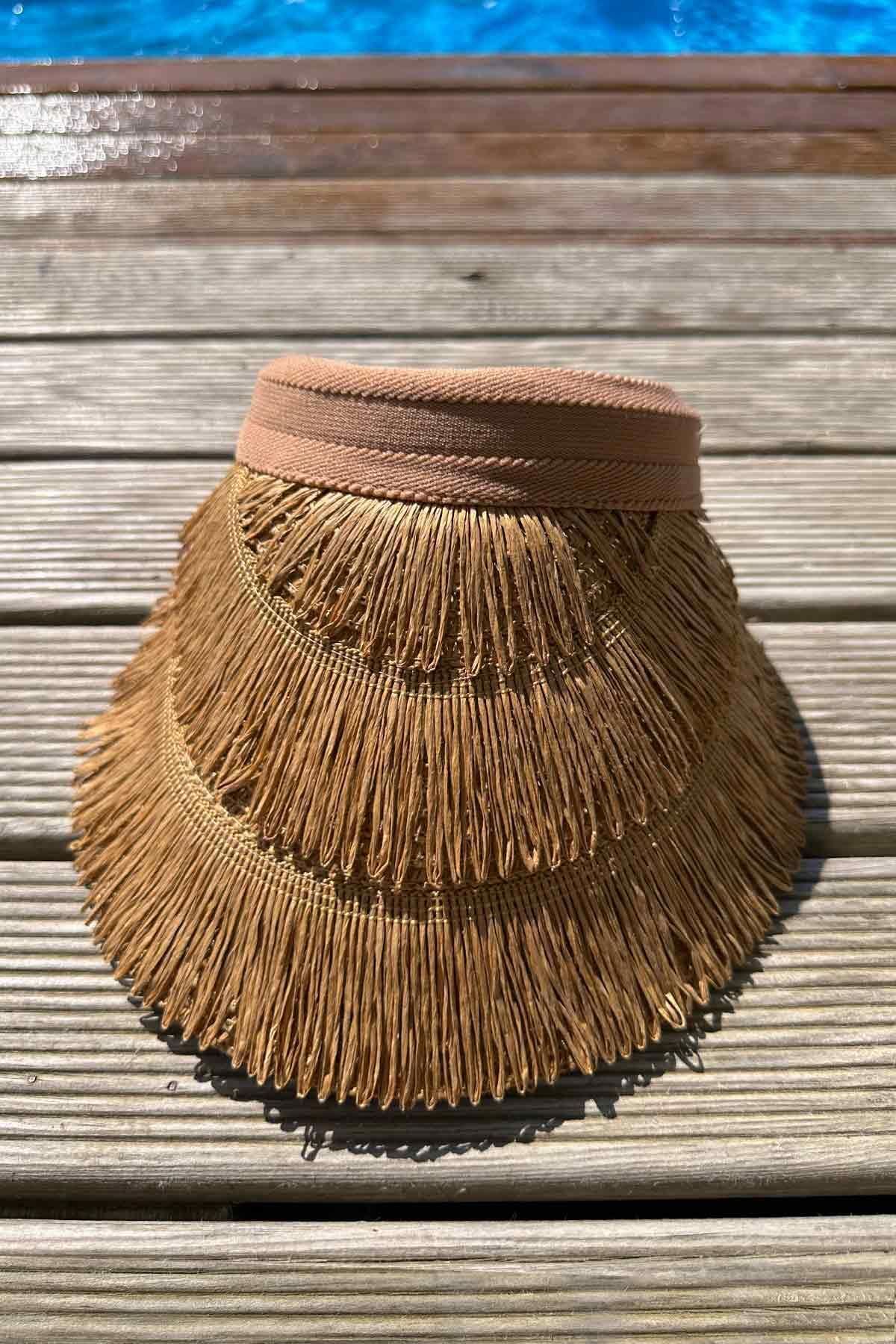 Ka Hijab-Camel Fringed Straw Visor Hat 3
