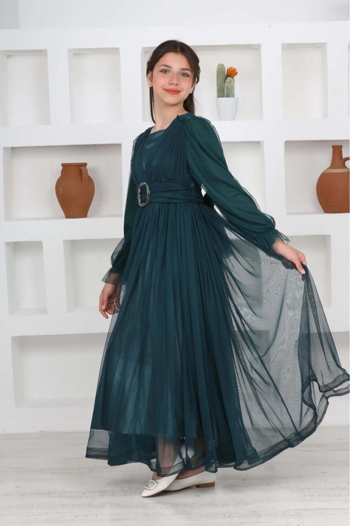 Asortik Kids-Emerald Green Long Girls' Muslim Evening Dress 8