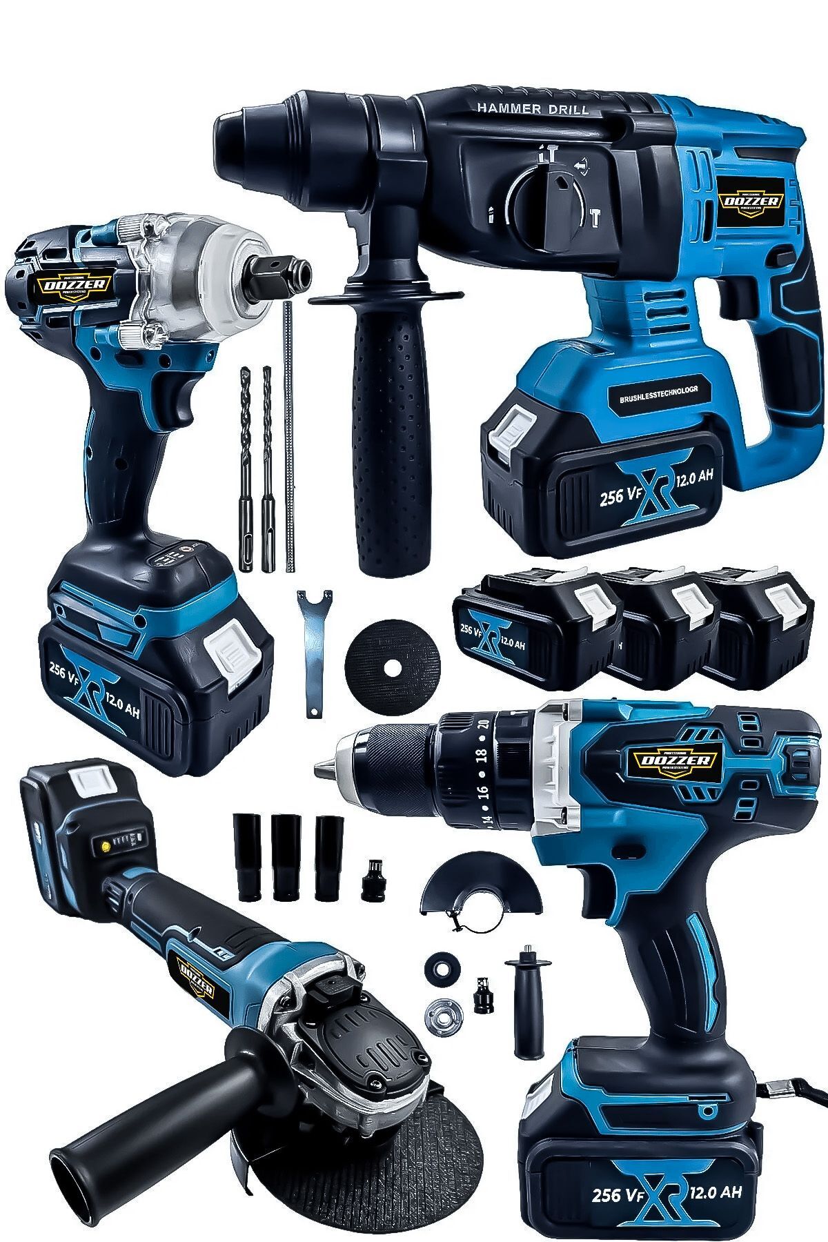 DOZZER Brushless 4 Lü Set 256 Vf 12 Ah Darbeli Matkap+Bijon Somun Sıkma Sökme+Taşlama Spiral+Kırıcı Delici