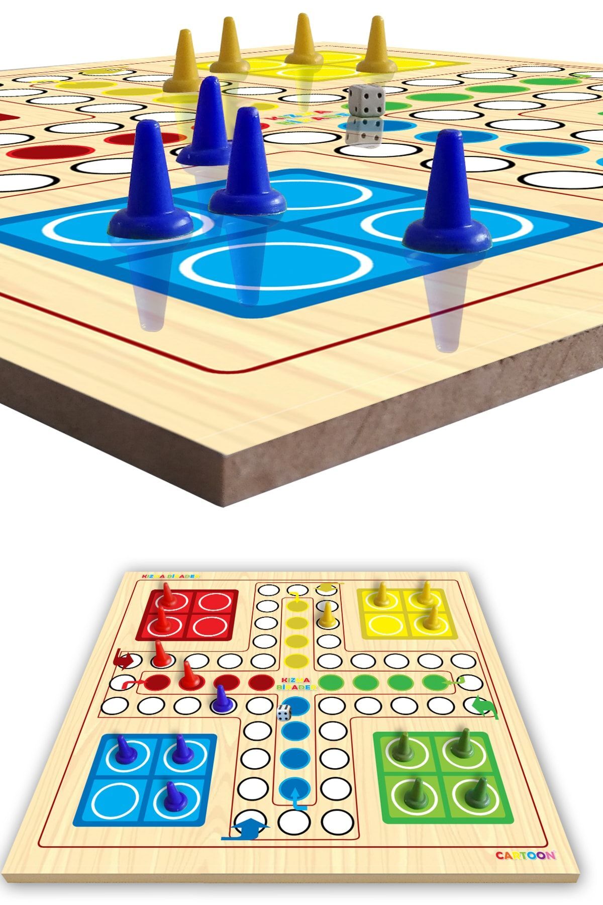 CARTOON Kızma Birader Ahşap Oyun Alanı Ahşap Kızma Birader 16 Adet 4renk Piyon + Zar