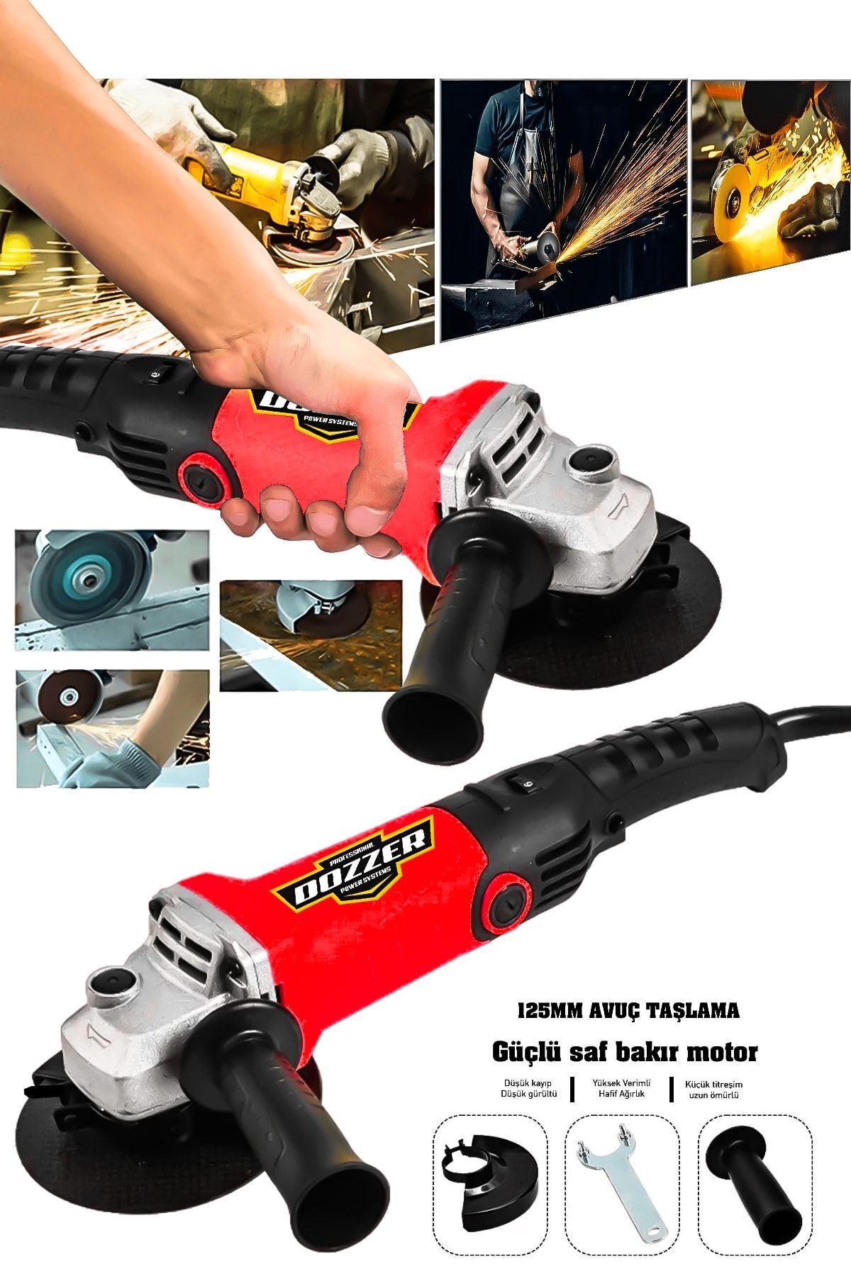 DOZZER Alman 1500 Watt Bakır Sargılı Motor 115mm Spiral Avuç Içi Ahşap Metal Kesme Taşlama Makinası