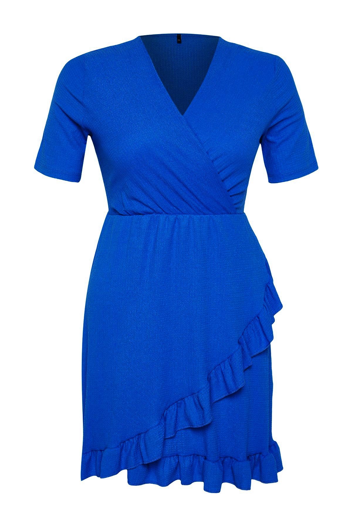 Trendyol Curve-Синя двобортна сукня з V-подібним вирізом Volan Mini Orme Plus Size TBBSS24AH00037 5