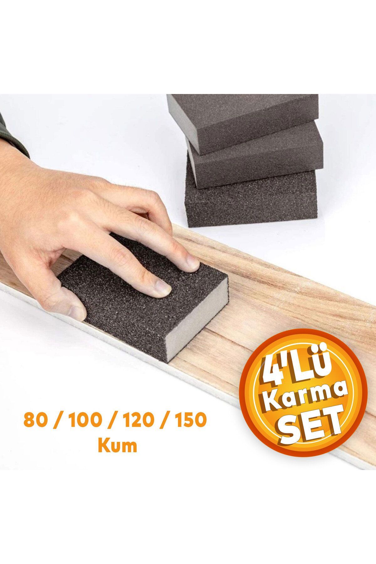 Badem10 (4'LÜ SET) Takoz Sünger Zımpara 80-100-120-150 Kum Karma Paket Kübik El Zımparası Islak Kuru