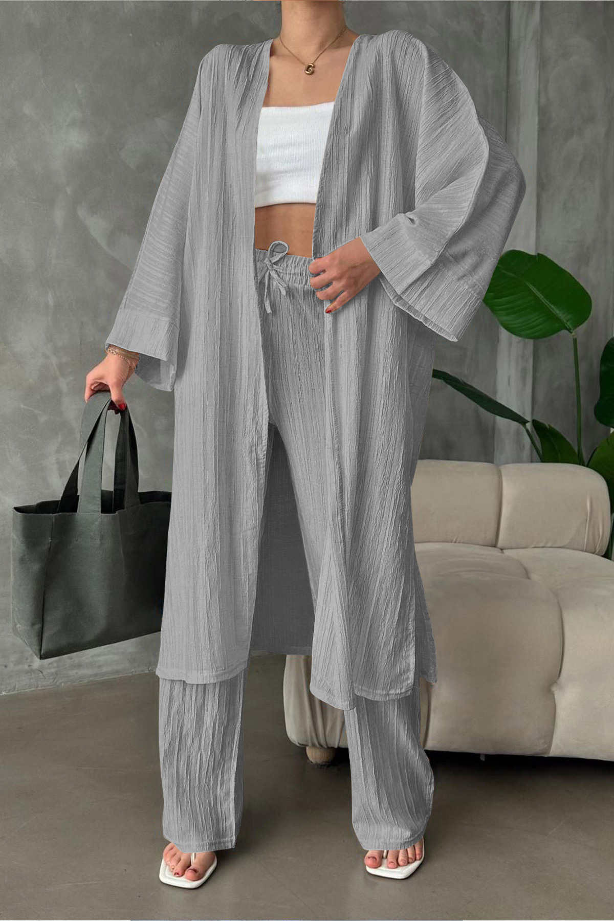 MILANOFOX Kadın Keten Krinkıl Kumaş Uzun Kimono Takım - Fiyatı