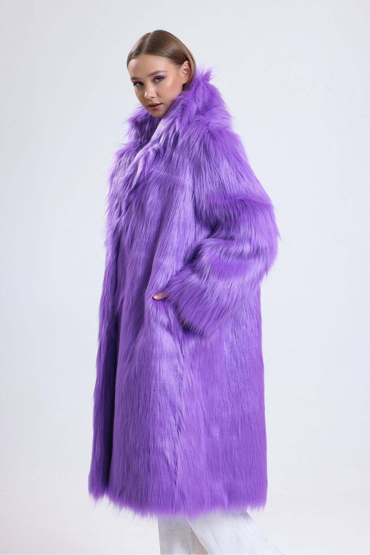 KürkZone-WOMEN'S PURPLE LONG FEATHERED FUR COAT 5