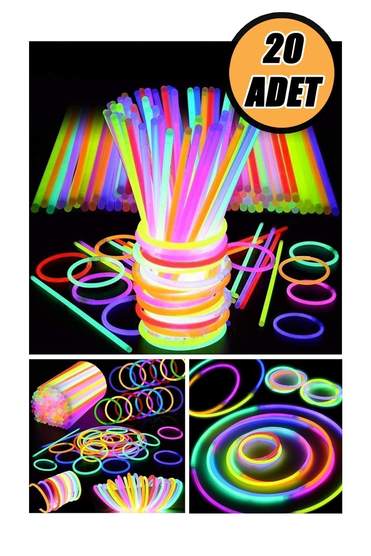 HERFİE 20 Adet Parti Eğlence Doğum Günü Parlayan Fosforlu Neon Renkli Eklenebilen Çubuklar