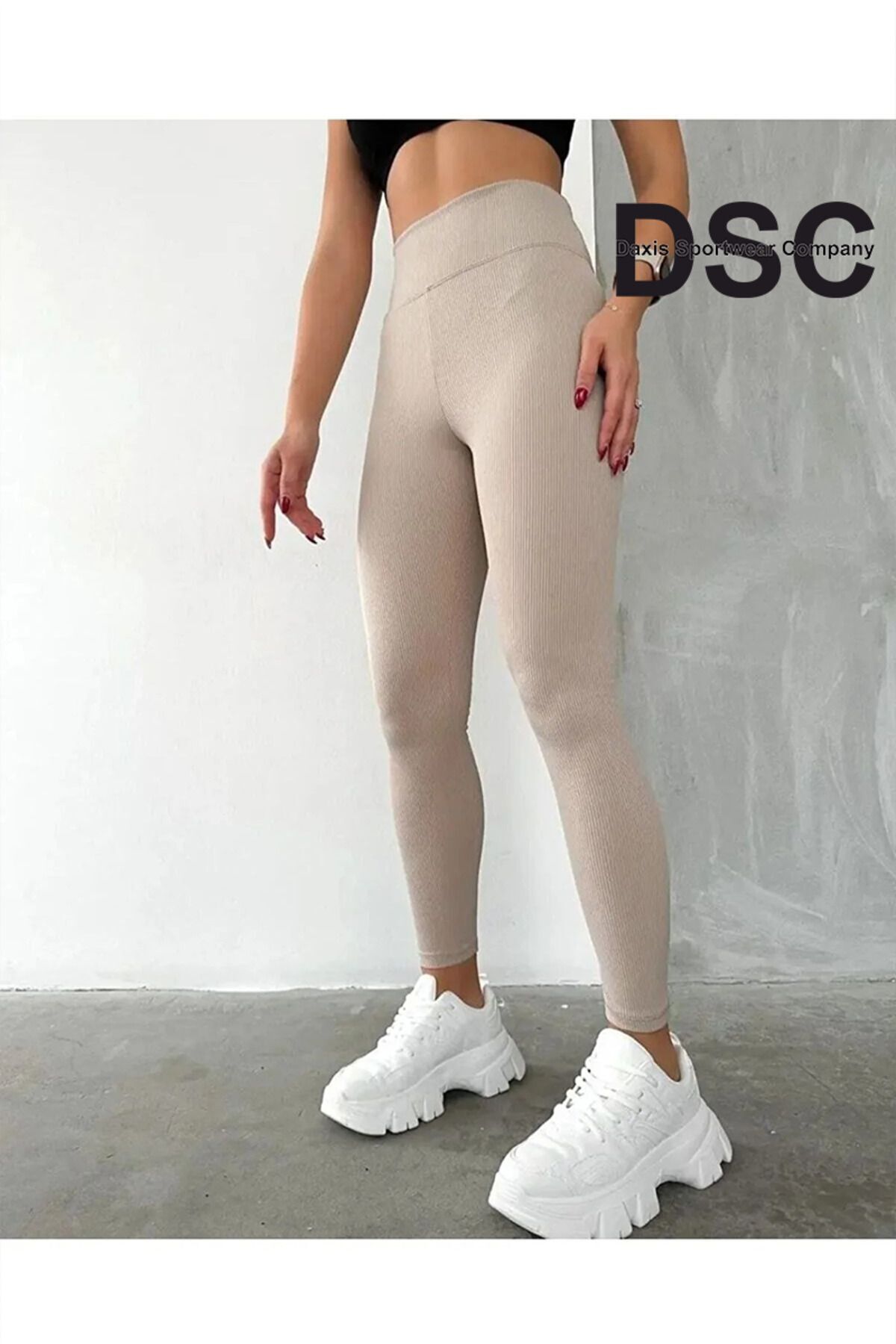 DAXİS Sportwear Company Kadın Bej Yüksek Bel Dikişsiz Fitilli Tayt