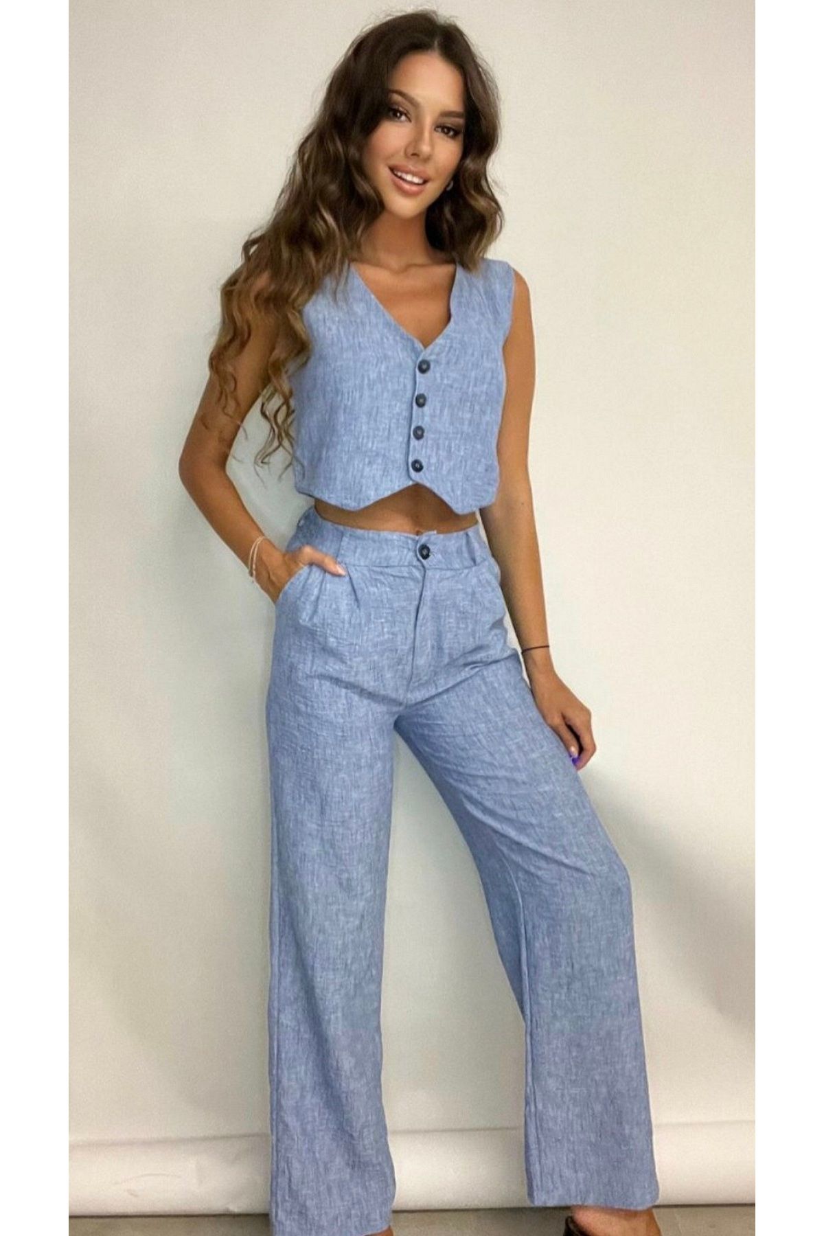 Butikayandon-Blue Women's Summer Vest and Trousers Double Set - D9230 4
