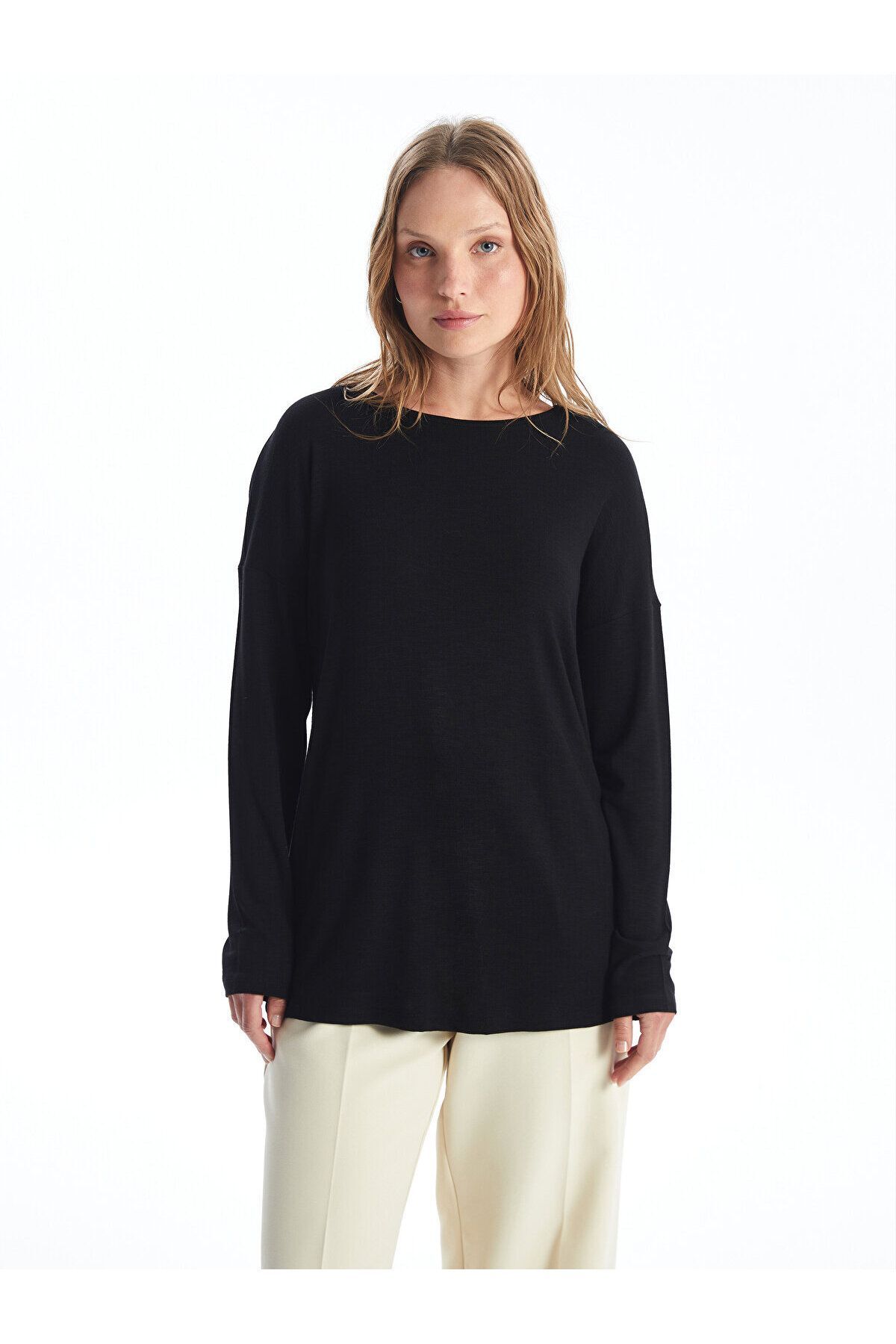 LC Waikiki-T-shirt damski oversize – okrągły dekolt, jednolity, długi rękaw 2