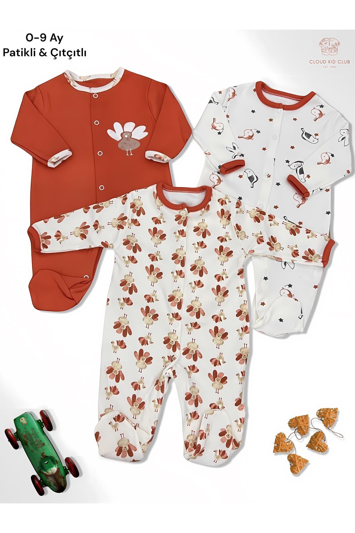 cloudkidclub Sevimli Kuş %100 Doğal Pamuk 3'lü Bebek Tulum  UNİSEX fotoğrafı 2 (önizleme)