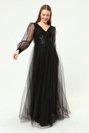 Asees Kadın Abiye Ve Mezuniyet Elbiseleri Payet Detaylı V Yaka Tül Abiye Elbise