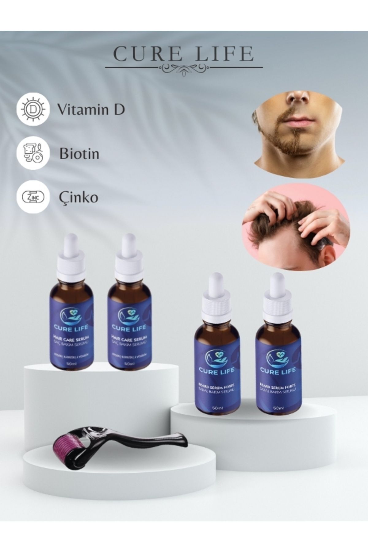 Besleyici, Onarıcı Saç ve Sakal Çıkartıcı 5 Li Set (4 Adet 50 Ml Serum + Dermaroller) — CURE026