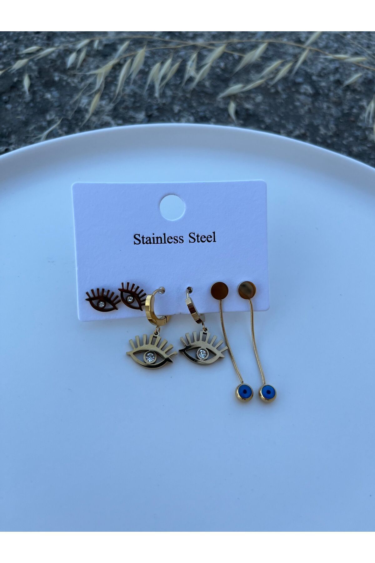 PONÇİK ACCESSORİES-Figured Steel Eye and Evil Eye Bead Set - Earrings 5