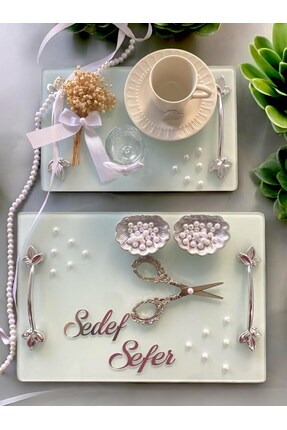 CyzHome İnci Söz Nişan Tepsi Seti, İncili Damat Kahve Tepsisi İncili Söz- Niş...