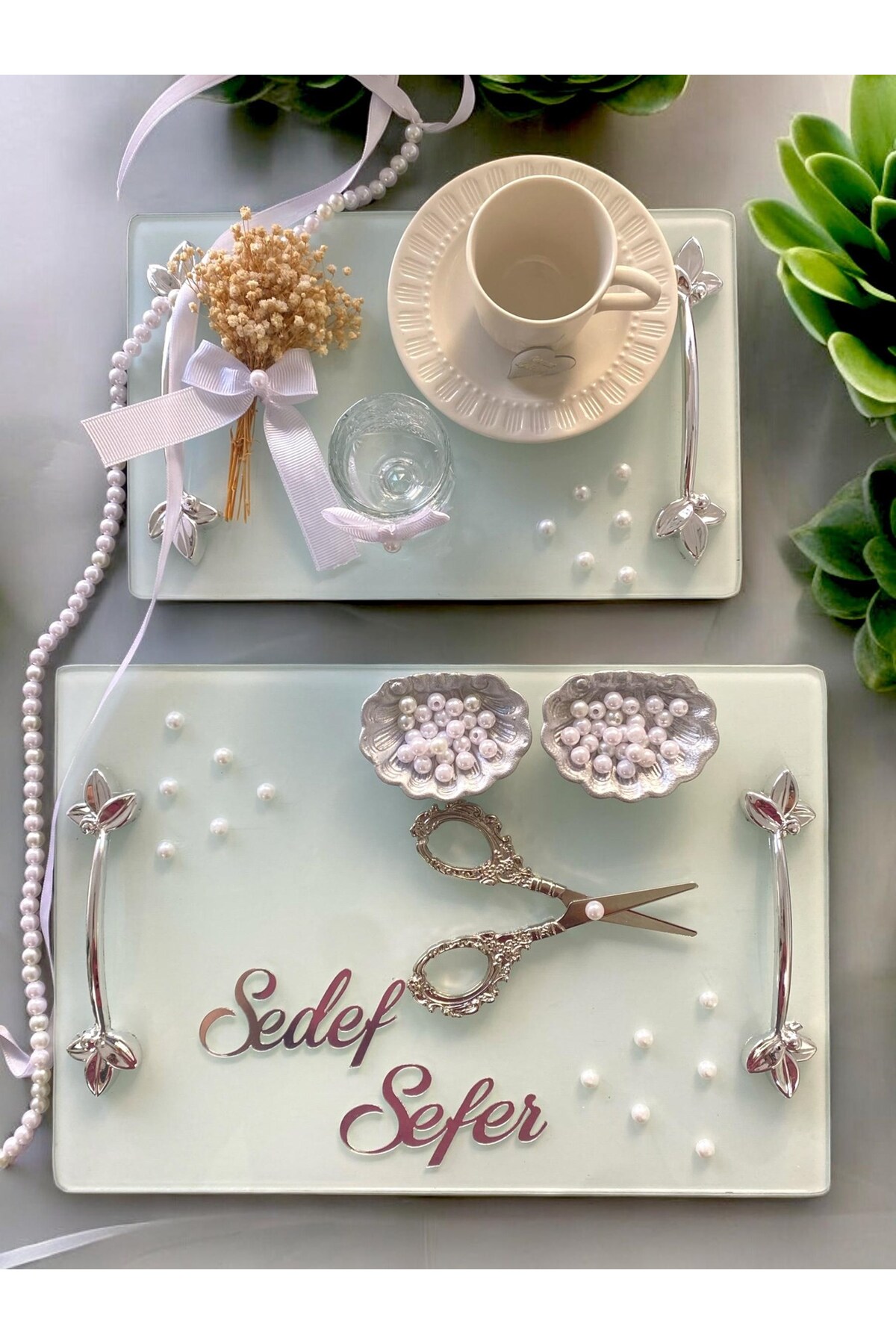 Cyz Home İnci Söz Nişan Tepsi Seti, İncili Damat Kahve Tepsisi İncili Söz- Nişan Kurdelesi İnci Kız İsteme Te