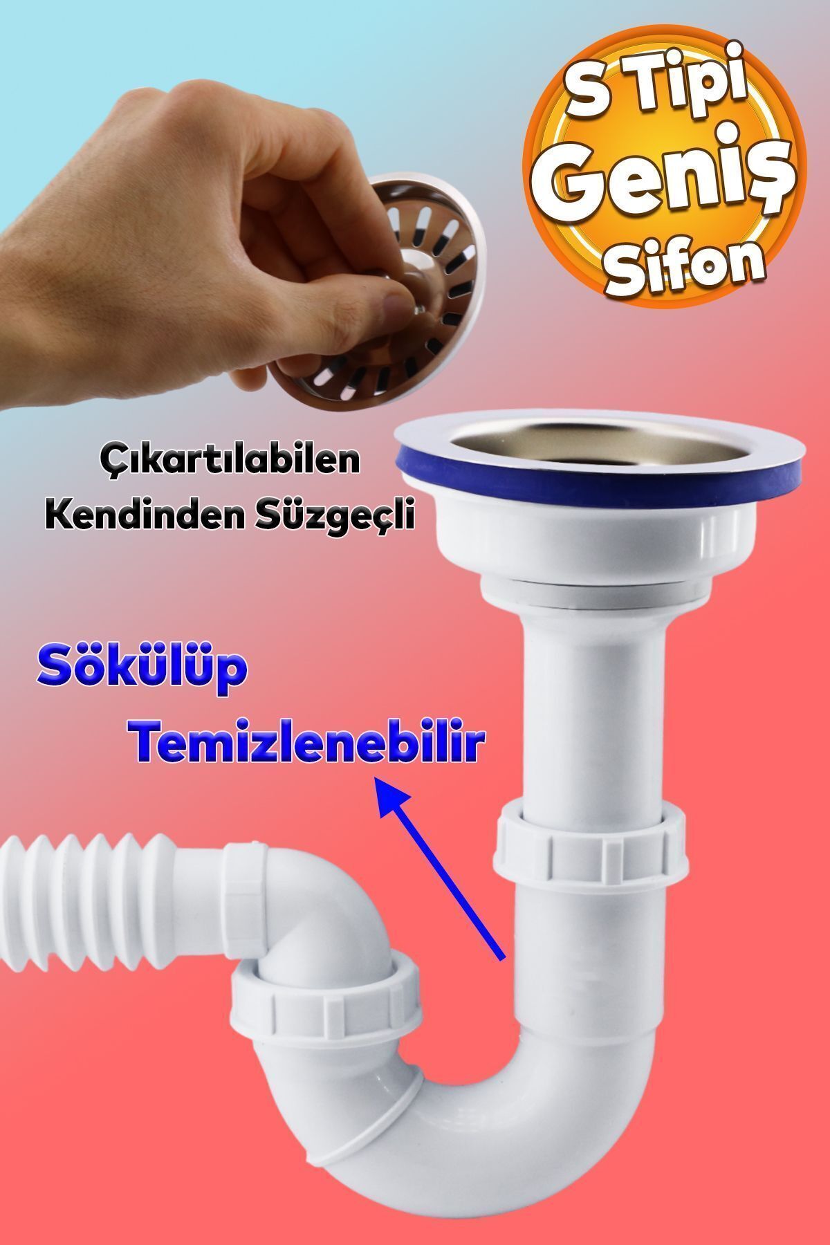 Badem10 Süzgeçli Geniş Kafalı Körüklü Işyeri Evye Lavabo Sifonu Pis Su Gideri Borusu Plastik 15-35 Cm