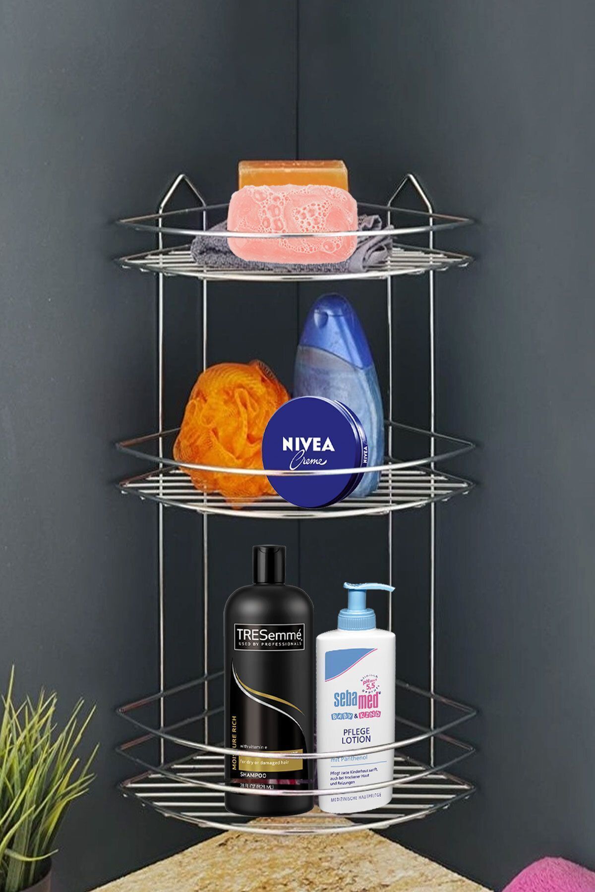 Badem10 Banyo Duş Rafı Şampuanlık Köşelik Oval Krom 3 Katlı