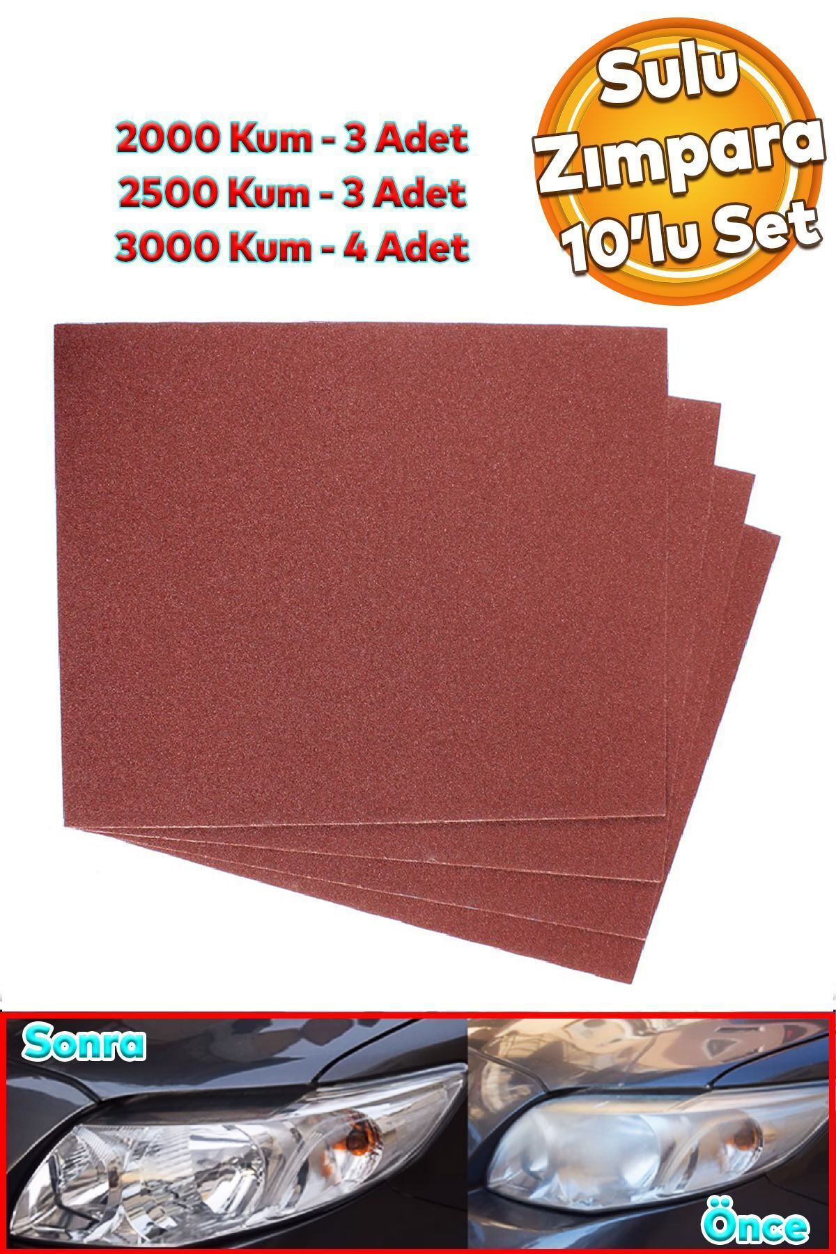 Badem10 Far Temizleme Ince Kalın Kağıt El Su Zımparası Kağıdı Araç Parlatma Set 2000-2500-3000 Kum 10 Adet