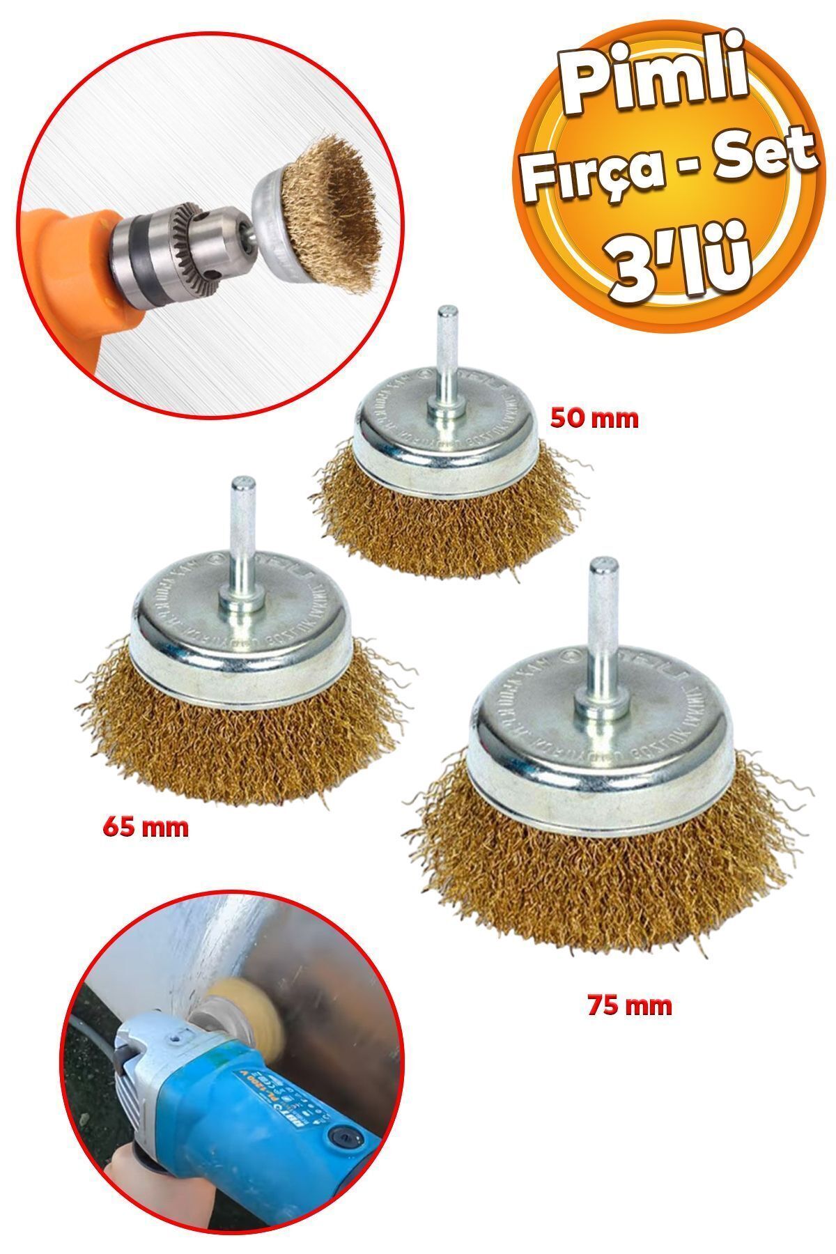 Badem10 Boya Kurum Pas Zımparalama Kazıma Temizleme Fırçası 3'lü Set Pimli Çanak Tel Fırça Matkap Uyumlu