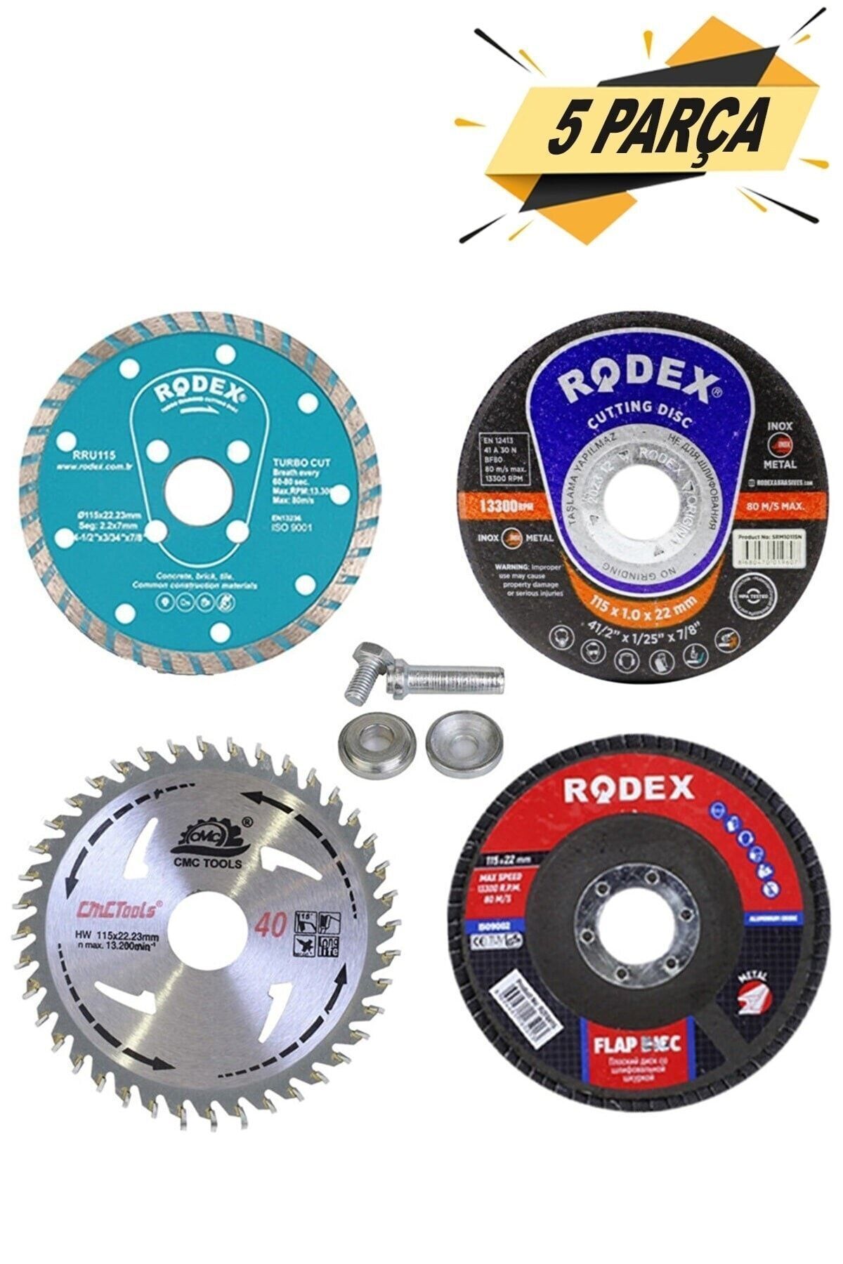 Hesaplı Hırdavat 5 Parça Mermer Inox Ahşap Metal Flap Kesici Kesme Disk Spiral Avuç Içi Taşlama Seti 115 Mm