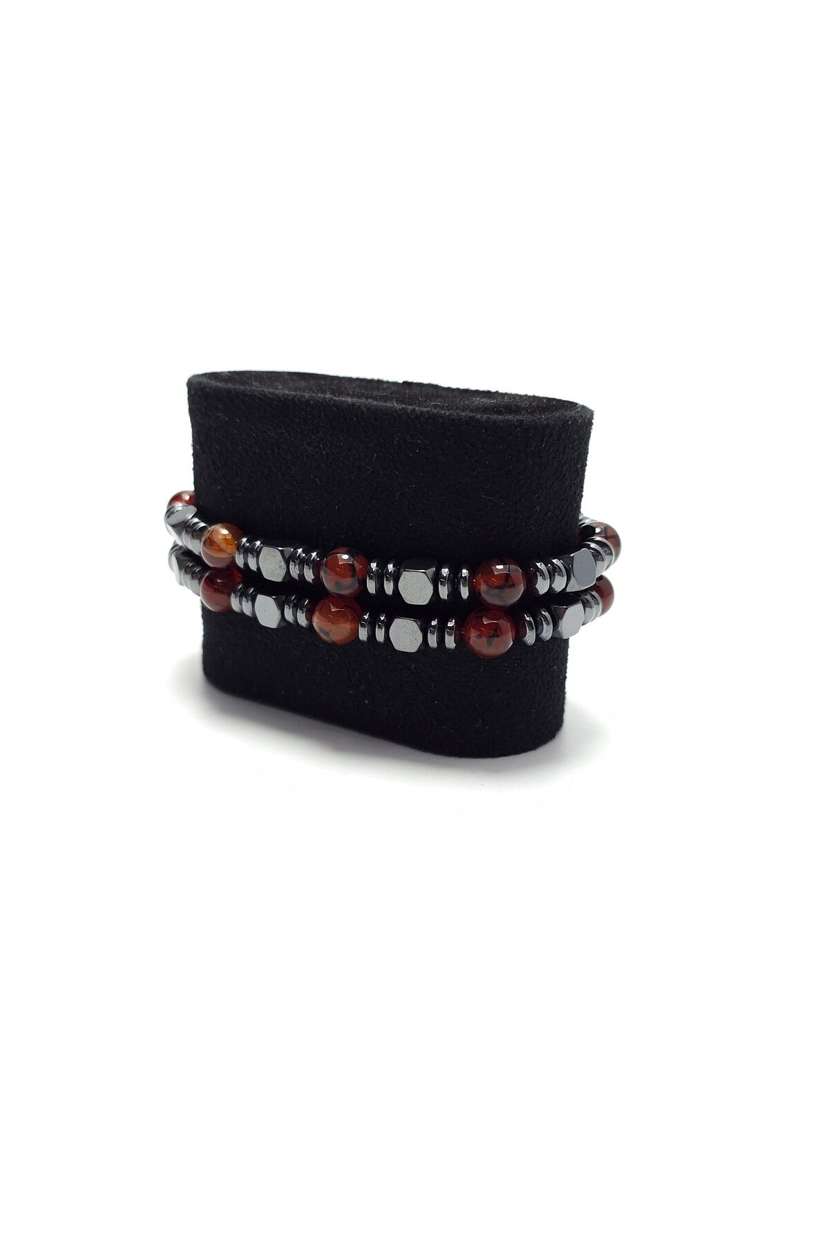 Yüksel Boncuk-2-Piece Red Natural Stone Bracelet - Crab Fluffy and Hematite Stone 5