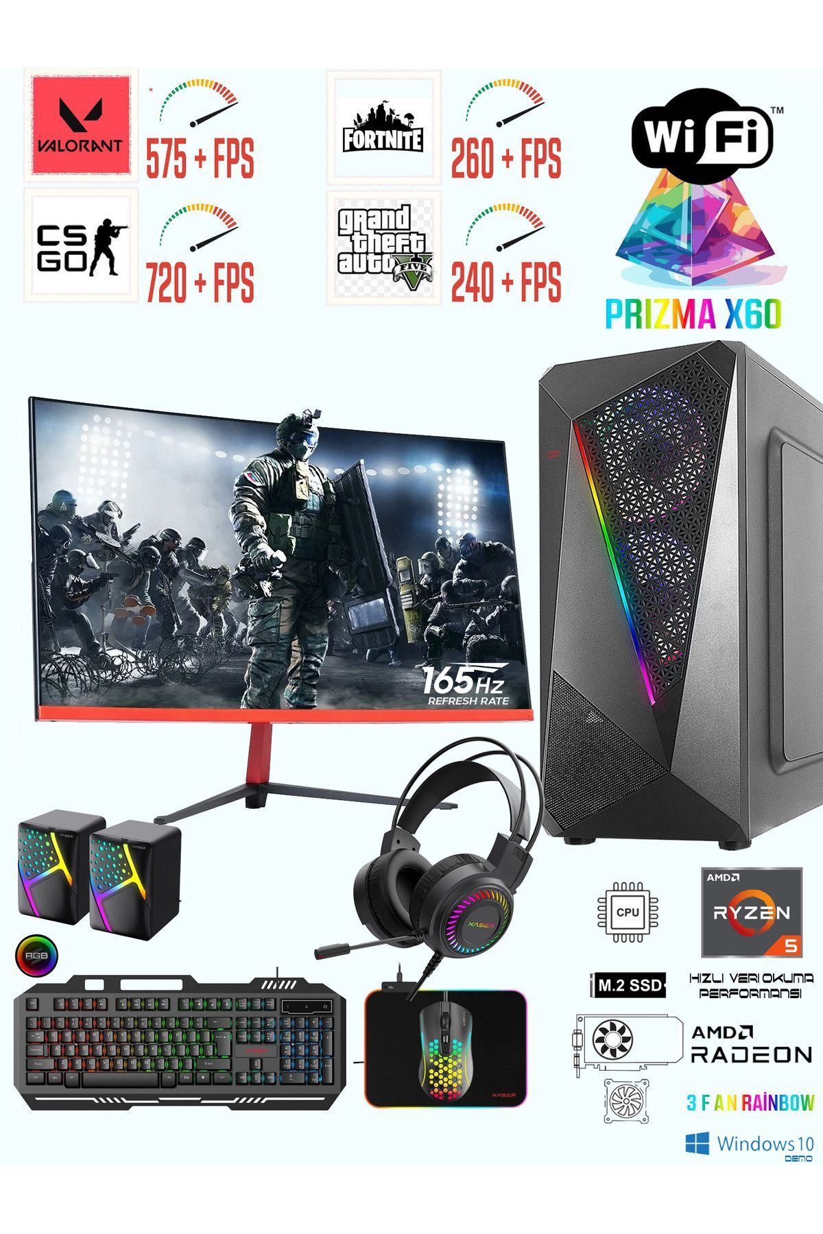 PRİZMA X60 RYZEN 5 5600 / 32GB RAM/6650XT 8GB /1TB NVME M2 SSD 23.6\'\' 1MS 165HZ CURVED BİLGİSAYARI