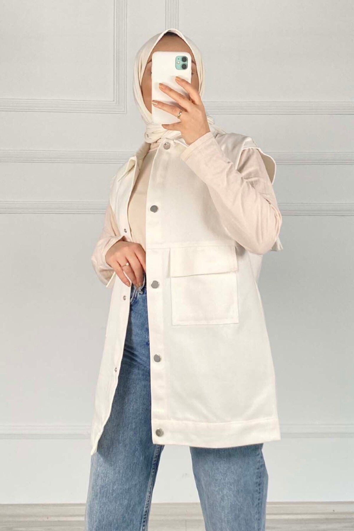 lamelif-Ecru Vest - Front Snap Button 5