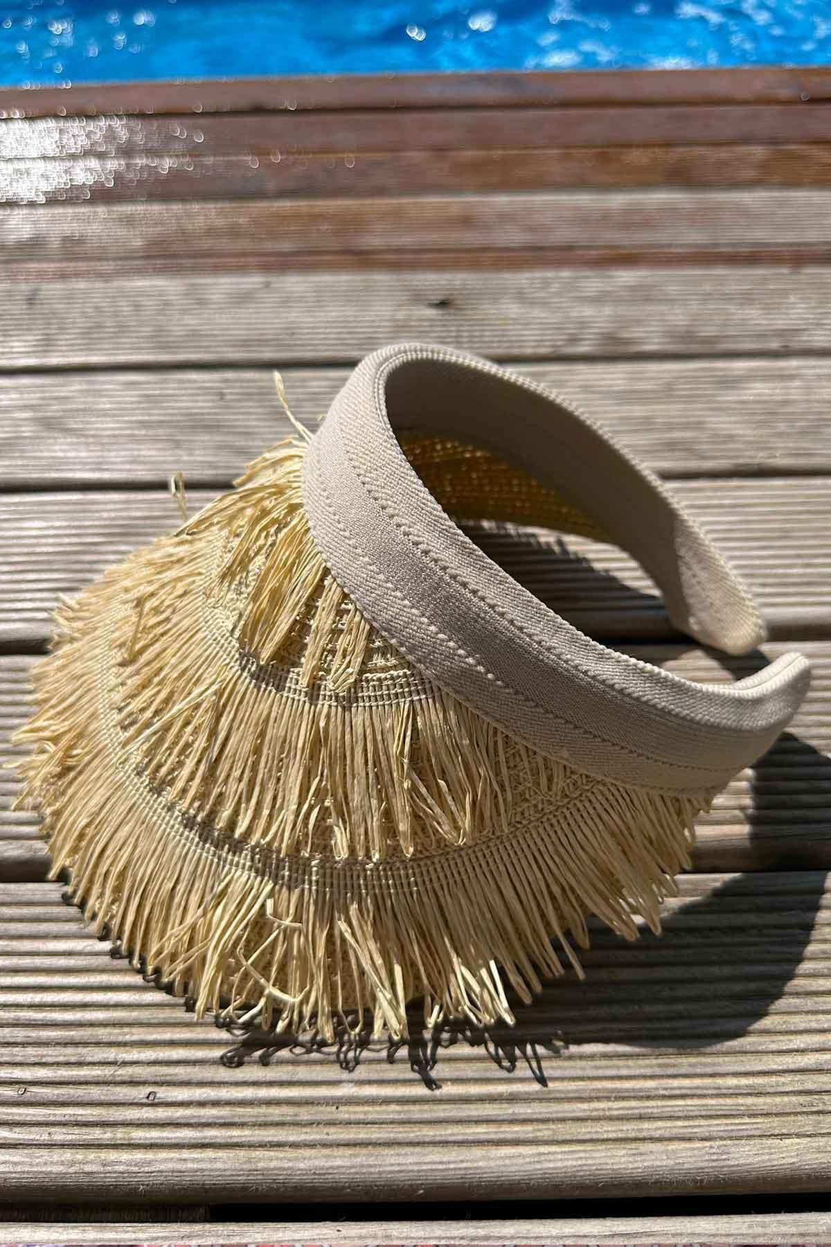 Ka Hijab-Beige Straw Visor Hat - Fringed 3