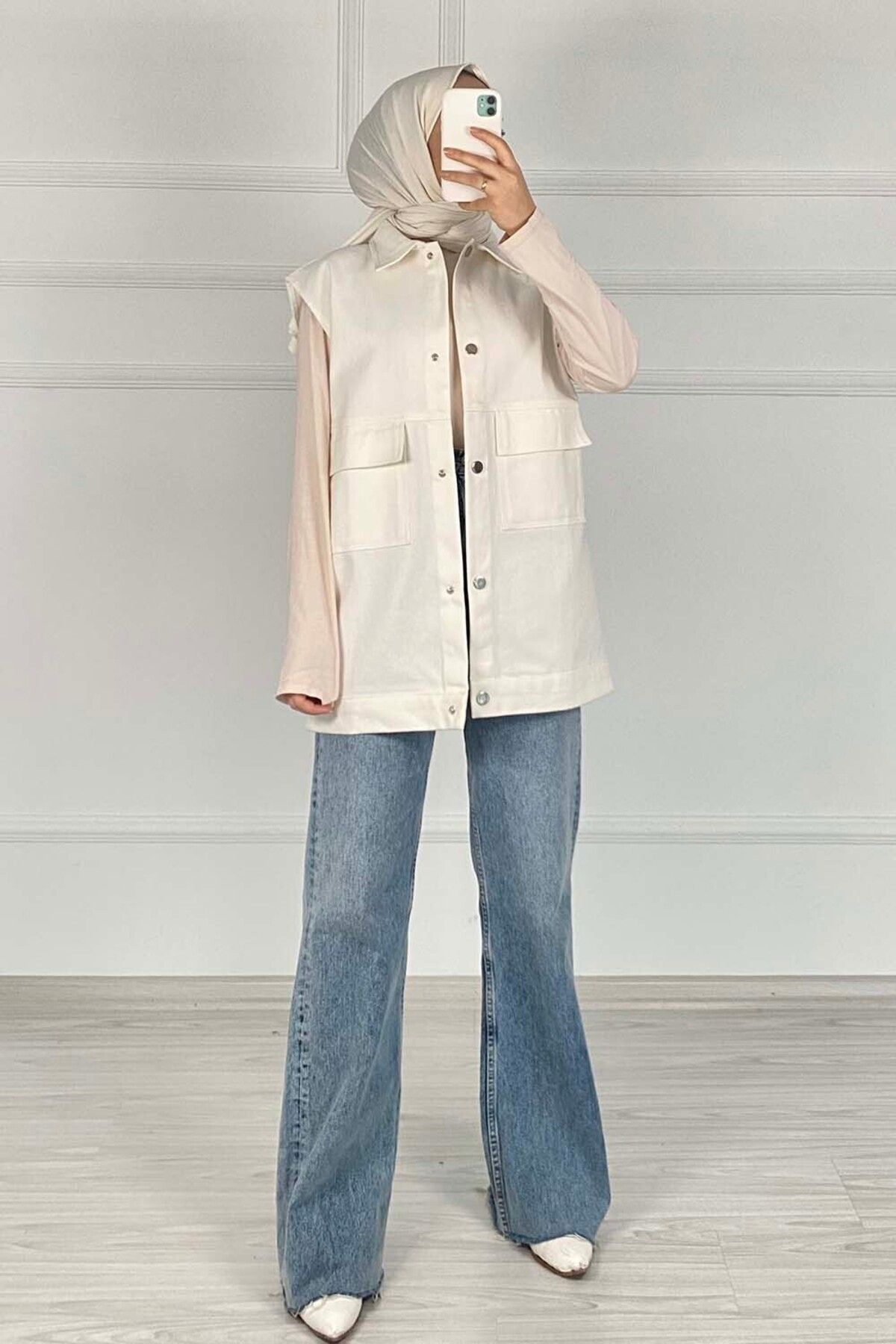 lamelif-Ecru Vest - Front Snap Button 1