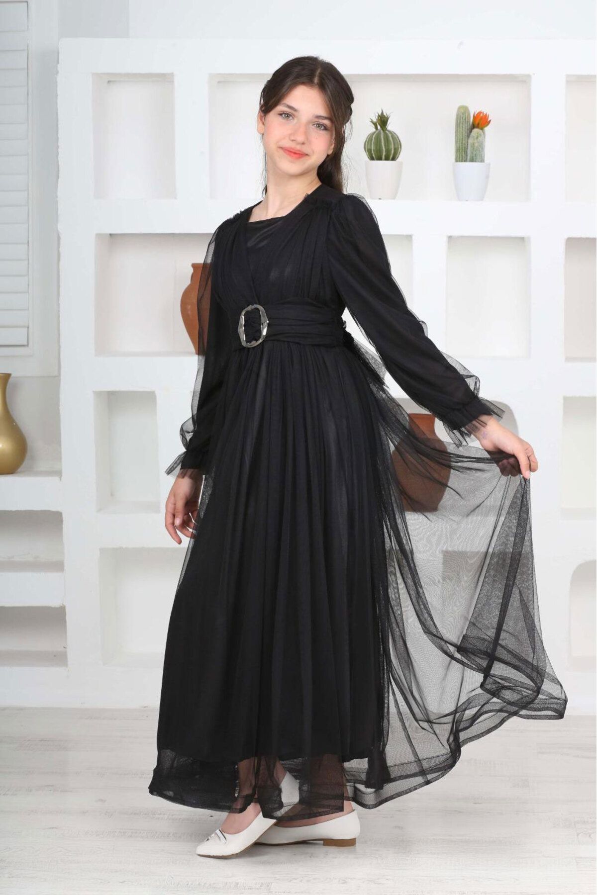 Girls Long Length Black Modest Evening Dress