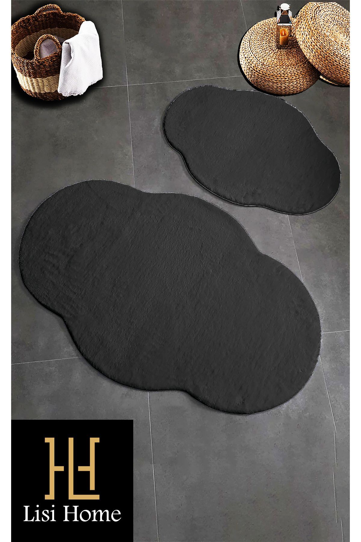 Anthracite Toilet Set 2-Piece (80X120-80X60) Plush Post Soft Washable Bathroom Rug