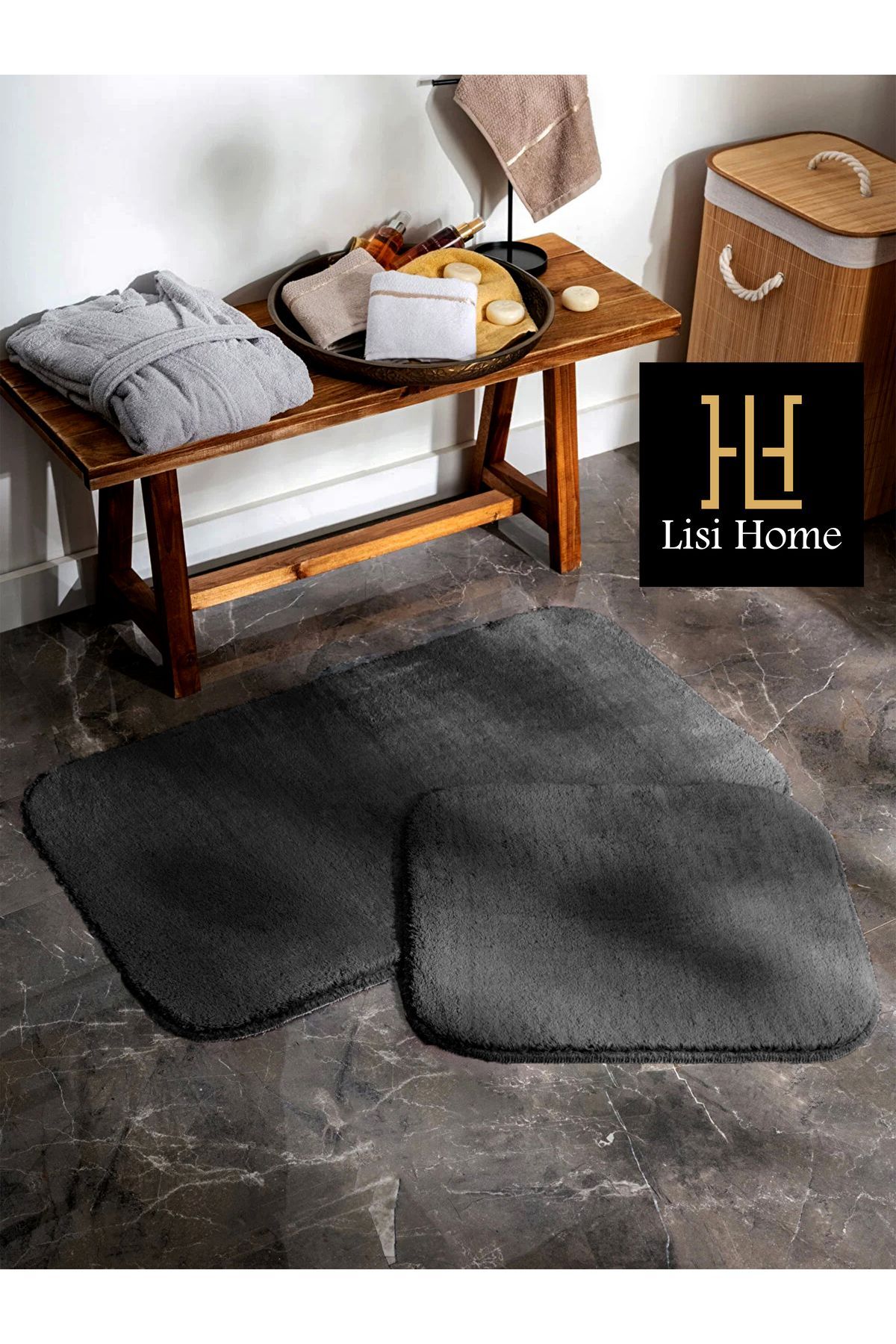 Anthracite Bathroom Rug (100x60) (60x50) Toilet Set 2-Piece Plush Soft Washable