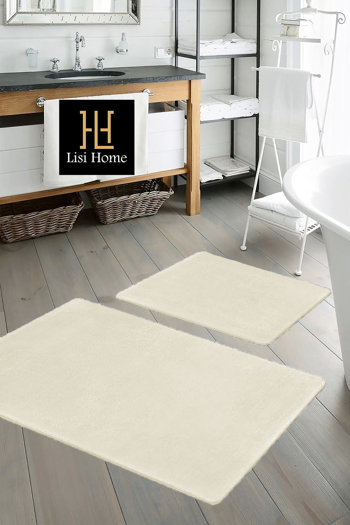 Cream Bathroom Rug (80x50) (50x40) Toilet Set 2-Piece Plush Soft Washable