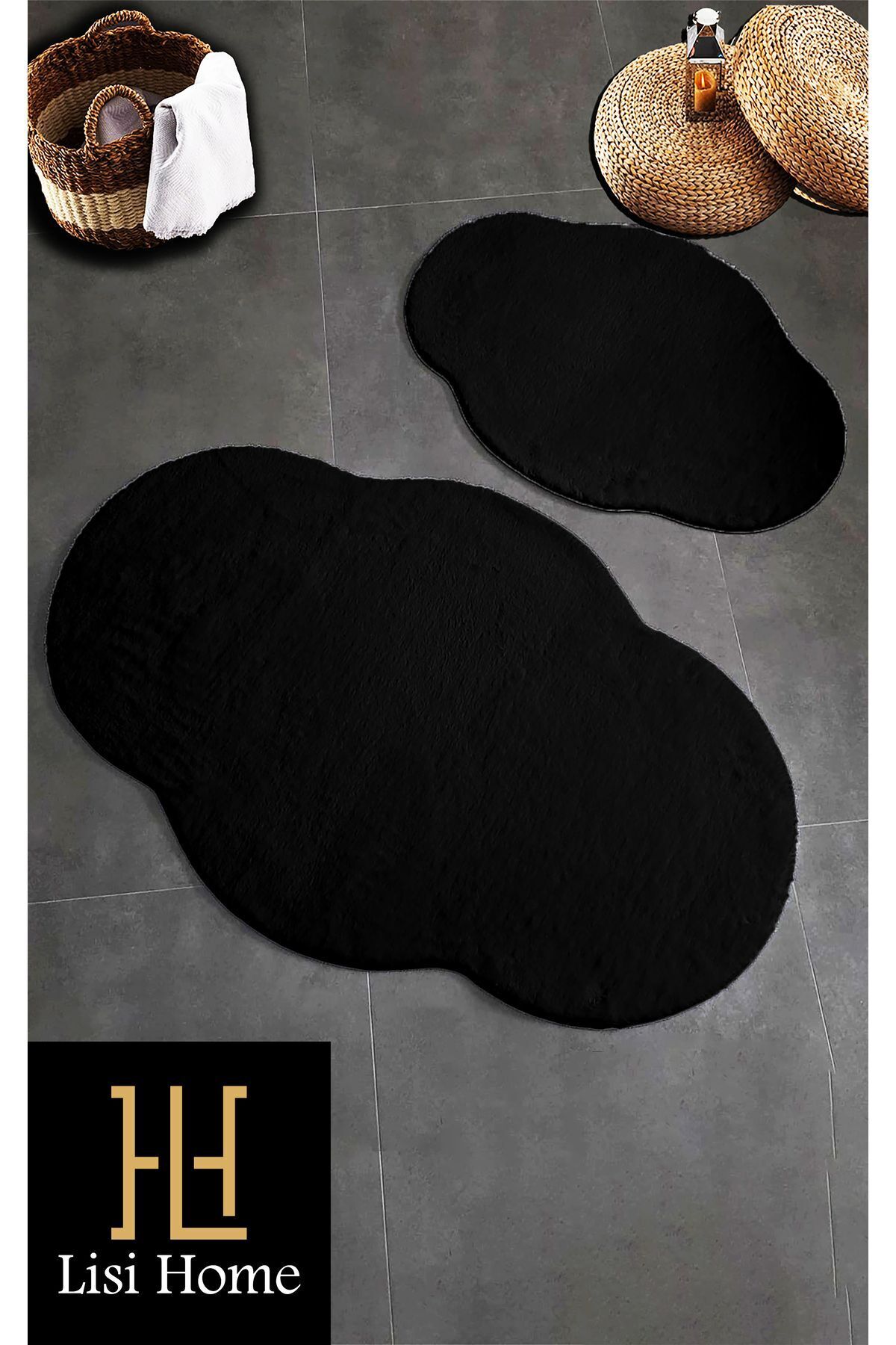Black Toilet Set 2-Piece (80X120-80X60) Plush Post Soft Washable Bathroom Rug