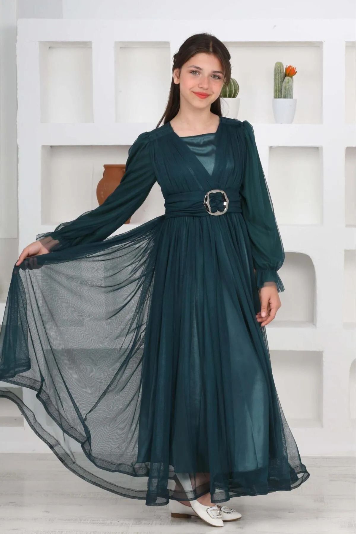 Asortik Kids-Emerald Green Long Girls' Muslim Evening Dress 4