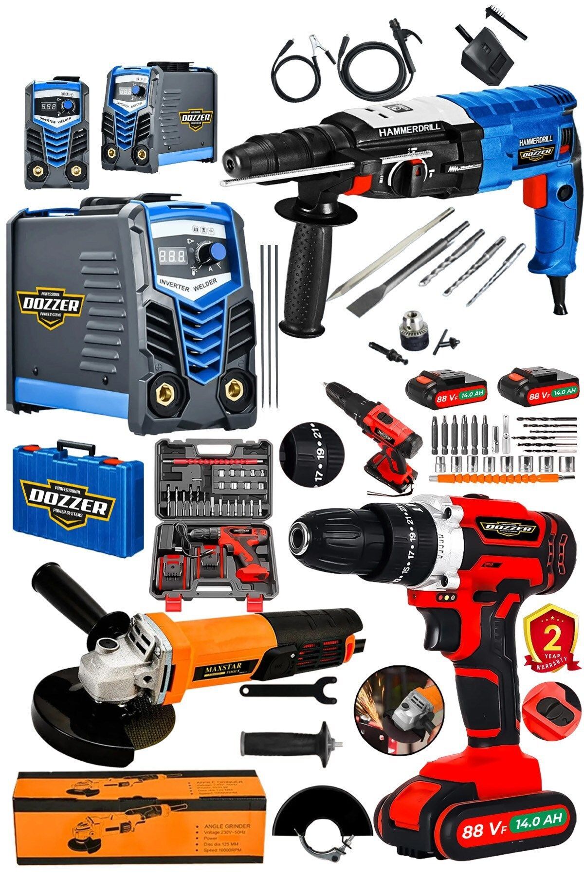 DOZZER Alman Kaynakçı Serii 4Lü Set Kırıcı Delici + 200 Amper Kaynak + Akülü Vidalama Ve Avuç Taşlama Seti