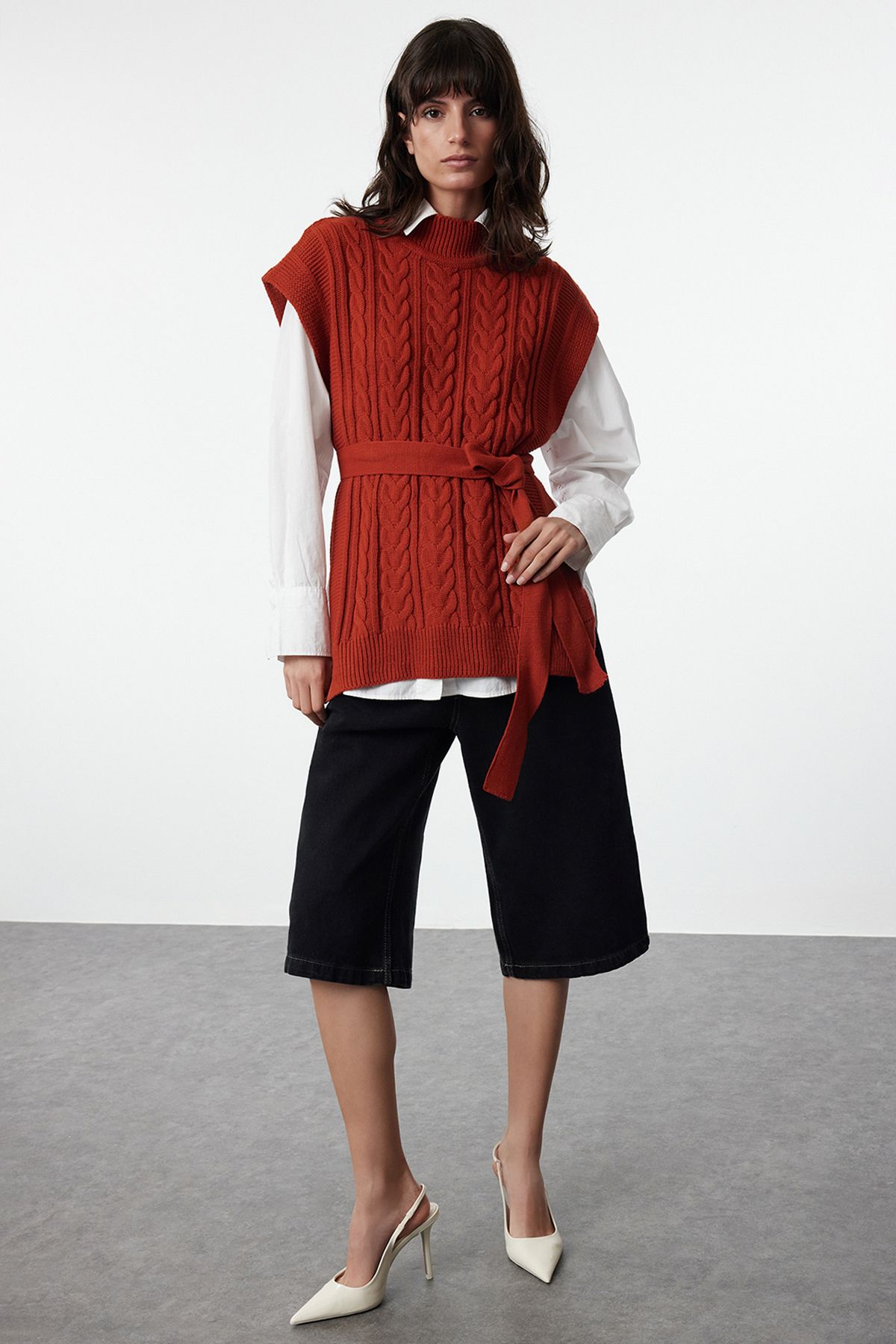 Trendyol Collection Sweter Z Dzianiny Wełnianej O Szerokim Kroju – Z Paskiem, Ceglasty Kobieta - S