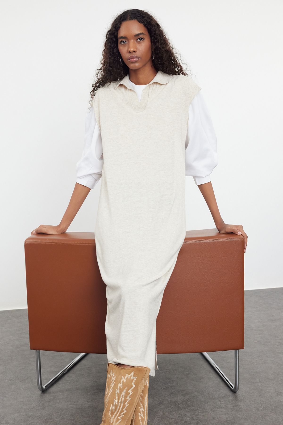 Trendyol Modest-Rochie Pulover Lungă Tricotaj - Stone TCTAW25UV00007 2