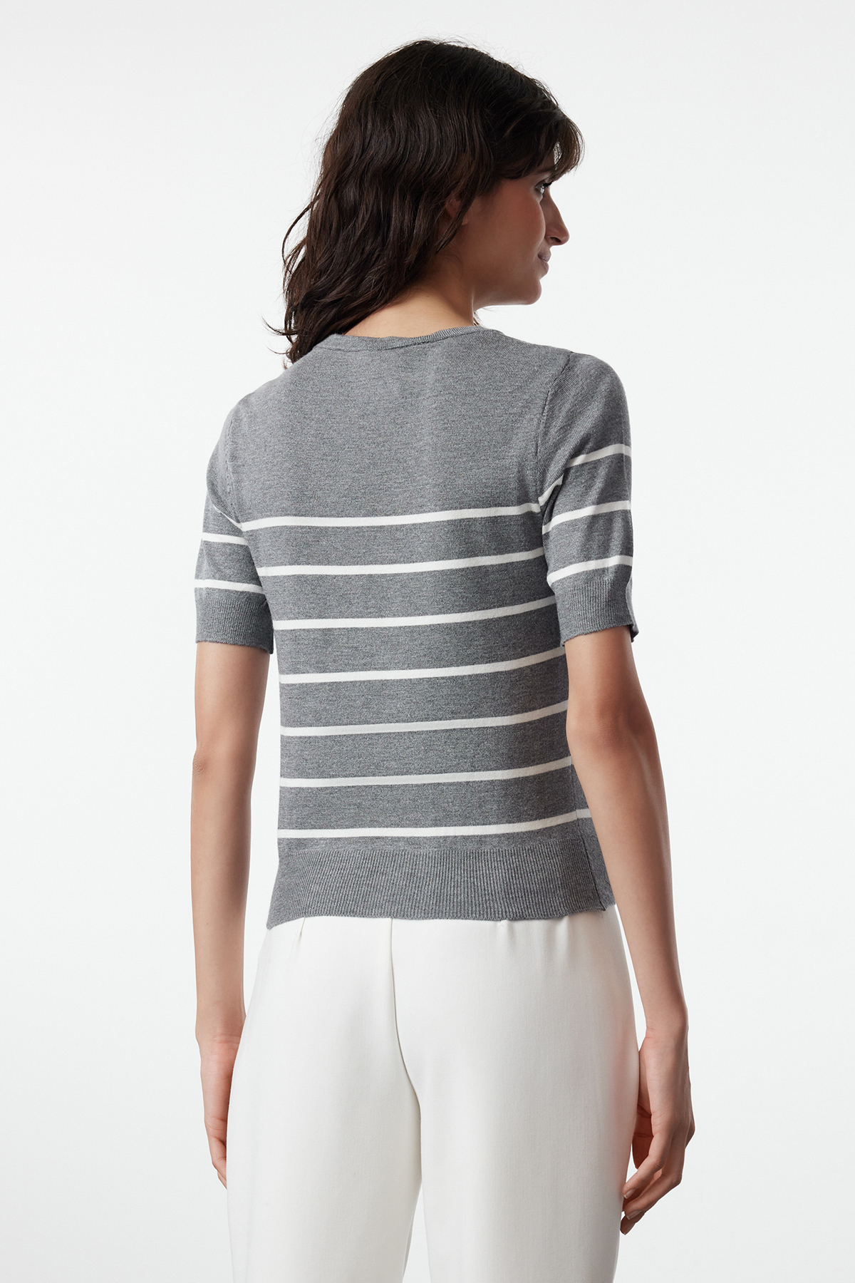 Trendyolmilla  Antrasit Premium İplik/Özel İplik Çizgili Bisiklet Yaka Triko Kazak TWOAW25KZ00268 - Görsel 5